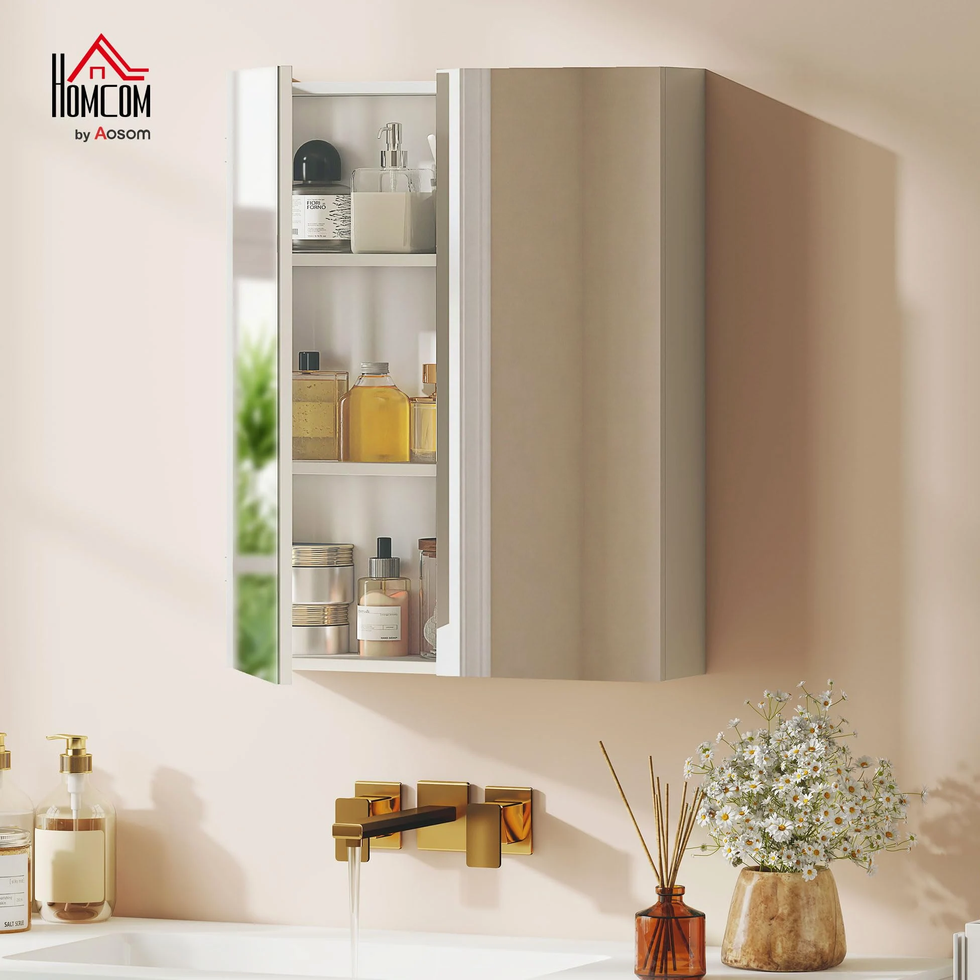 HOMCOM Armadietto Pensile da Bagno Due Ante con Specchiera e 2 Ripiani Interni, Mobiletto Bagno con Specchio e Soft Close in MDF, 60x15x75 cm, Bianco
