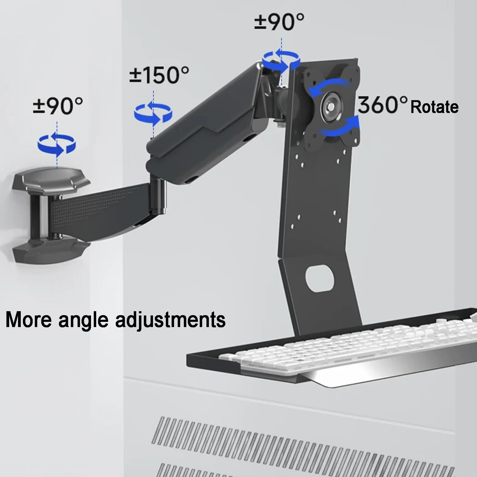 Postazione di lavoro sit-stand da parete per monitor singolo e tastiera, braccio con molla a gas, altezza e angolo regolabili, carico massimo 22 kg, adatto a display da 17"-35"