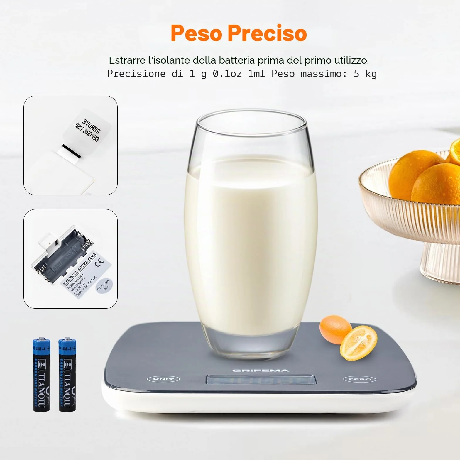 GRIFEMA GA2004 Bilancia da cucina con display LCD, bilancia alimentare multifunzione 5 kg (1 g esatto) per cuocere al forno e cucinare, 2 batterie incluse