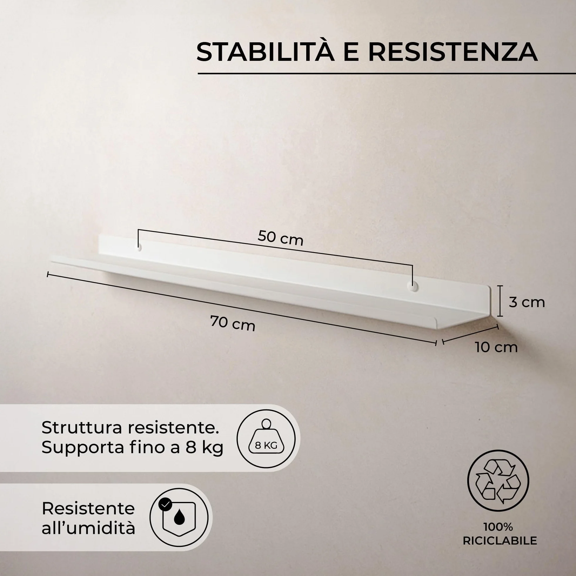MILUKA Mensola da Muro Sospesa 70x10 cm Bianco Mensola Stretta in Metallo