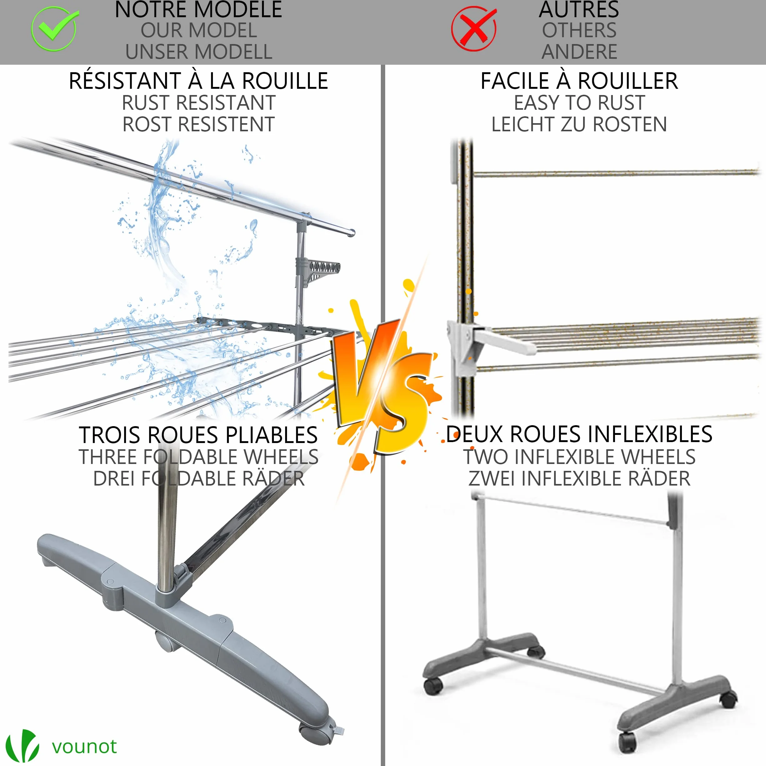 VOUNOT® Stendino Verticale a Torre, Stendibiancheria Pieghevole in Acciaio Inox con Ripiani Regolabili, 6 Ruote e Rete Asciugatura, 4 Livelli