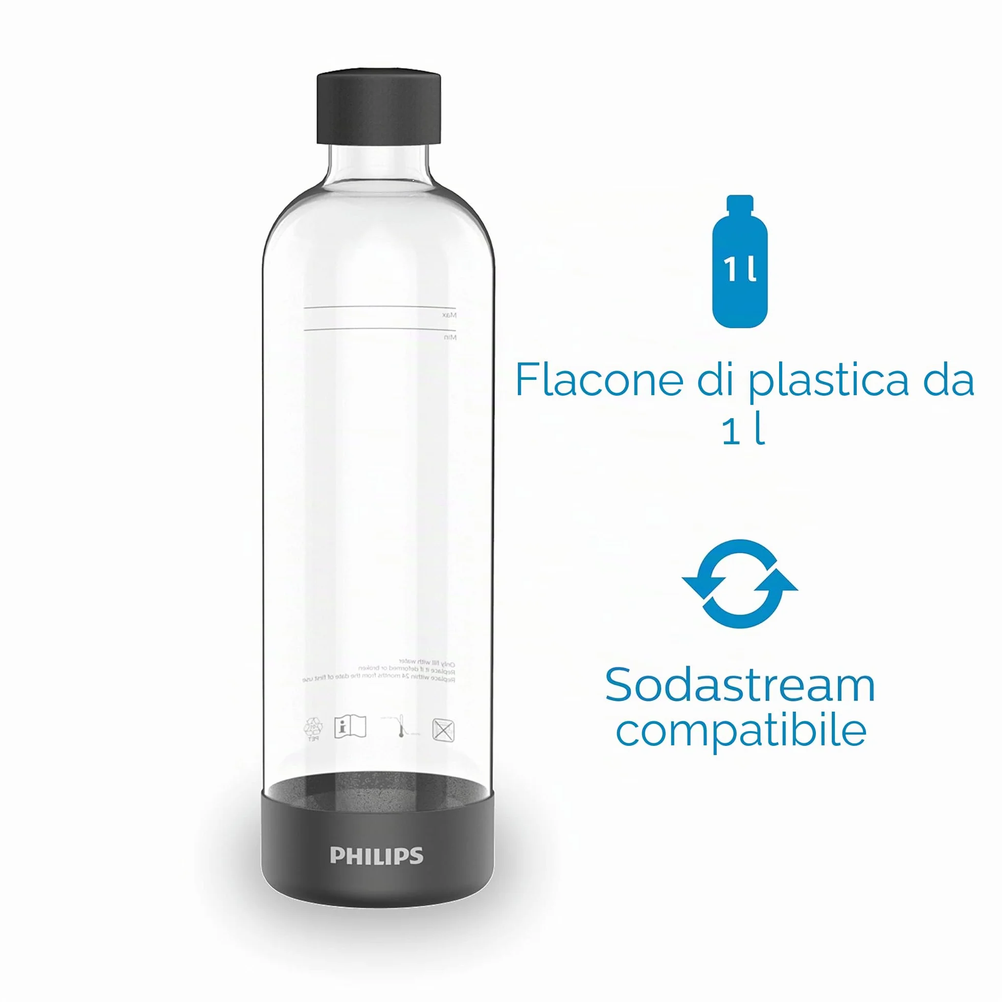 Philips Water GoZero Soda maker Lite ADD4901BK/10, nero, bottiglia d'acqua da 1 l, bombola di CO2 da 60 l
