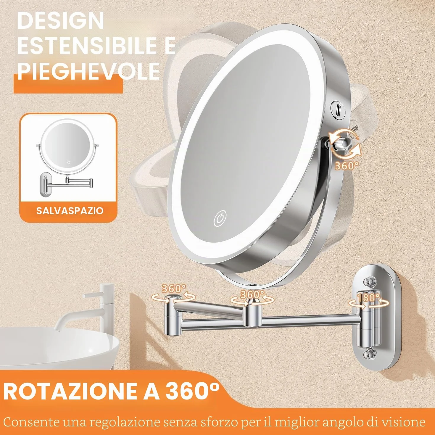 Auxmir Specchio Trucco con Ingrandimento 30X/1X, Specchio da Parete a 54 LED 3 Colori di Luce, Specchio Estensibile, Rotazione a 360°, Alimentato da Batterie Ricaricabile 3200mAh, per Bagno Hotel Spa