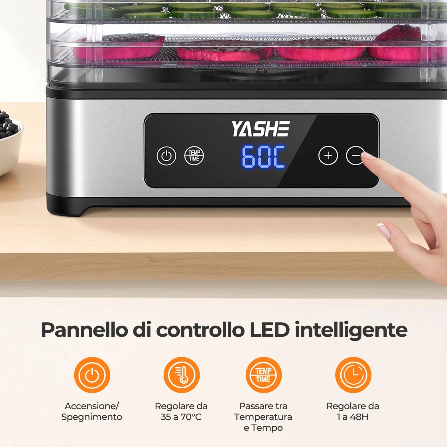 YASHE Essiccatore Alimentare, 5 Vassoi in Acciaio Inox, Timer e Temperatura Regolabili, Flusso d’Aria a 360°, Senza BPA, 400W Essiccatore Frutta e Verdura, Carne, Erbe, Snack per Cani