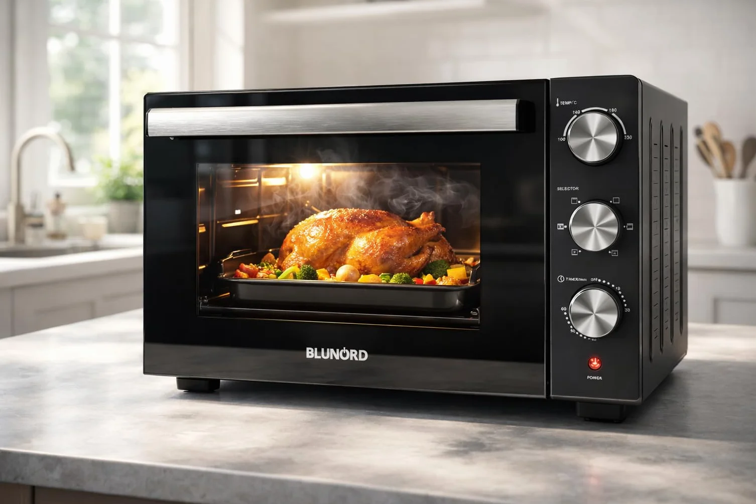 Forno Elettrico Ventilato 52L Doppio Vetro 6 Funzioni Cottura 90-230°C Timer 60 Min Luce Interna Pareti Antiaderenti