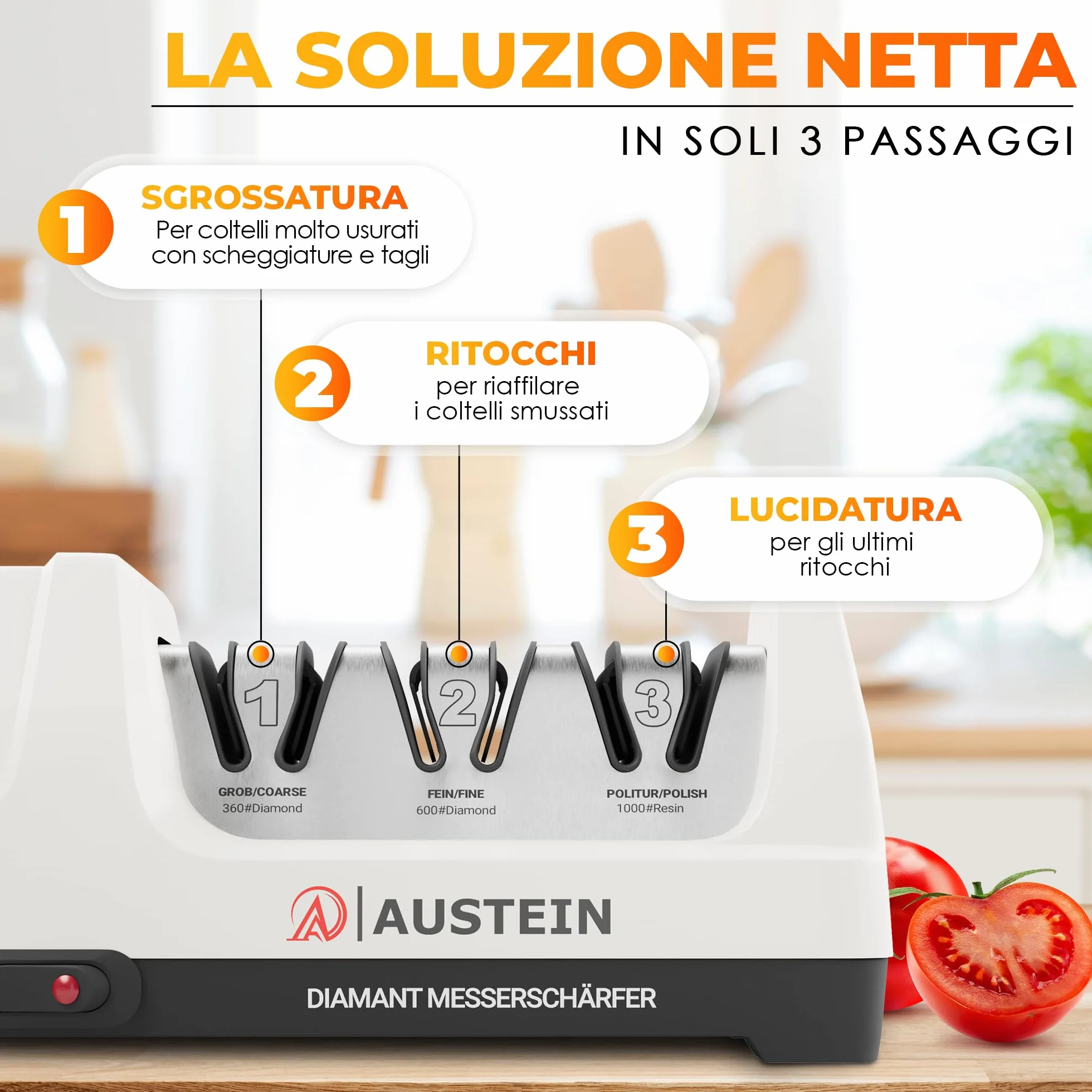 AUSTEIN Affilacoltelli Elettrico Professionale TG2202 Diamante Mole Monocristalline Motore Silenzioso