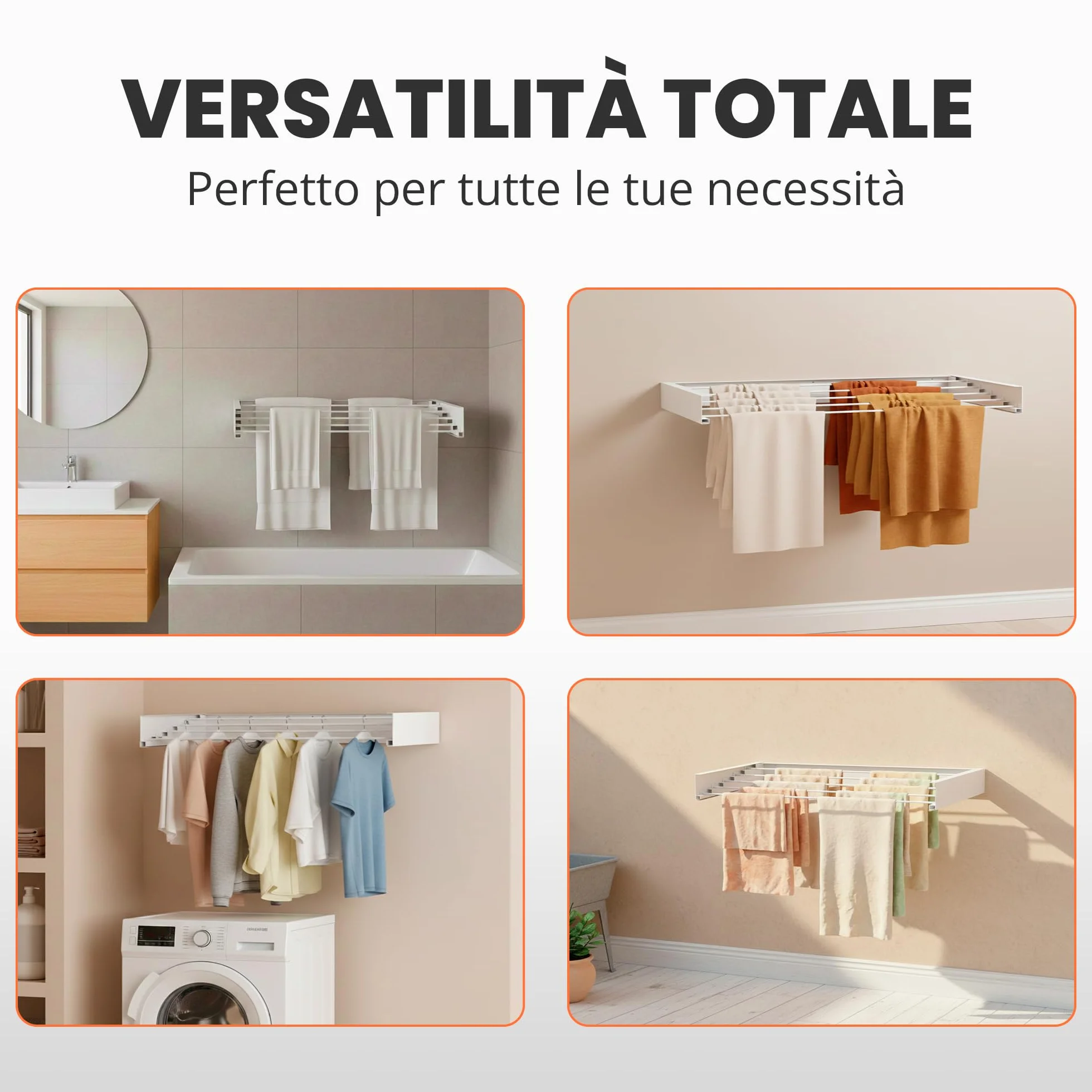 JUPPLIES Stendibiancheria da Parete Pieghevole Retrattile 120 – Stendino a Muro Richiudibile 5 Barre Alluminio Antiruggine 30 kg Bianco