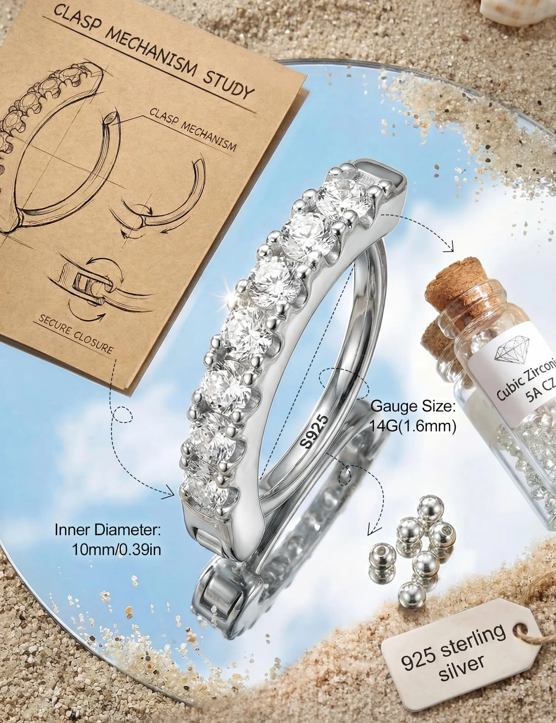 KRFY 14G Piercing Ombelico Argento 925 Donna Anallergico Clicker Anello Cubic Zirconia Paved Reverse Cerchio