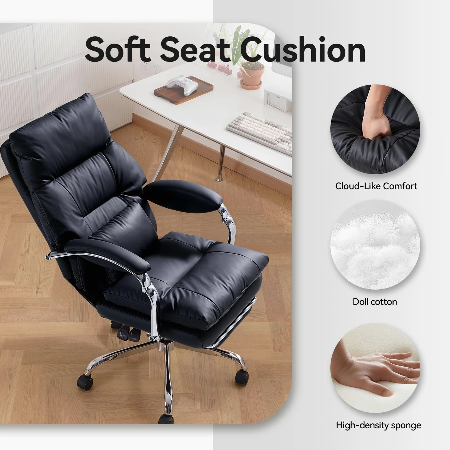 EMIAH Sedia da Ufficio Direzionale con Poggiapiedi, Comoda Sedia Scrivania con Braccioli, Poltrona Ufficio Ergonomica Reclinabile in Pelle PU con Ruote, Sedia per Computer con Cuscino Ispessito, Nero