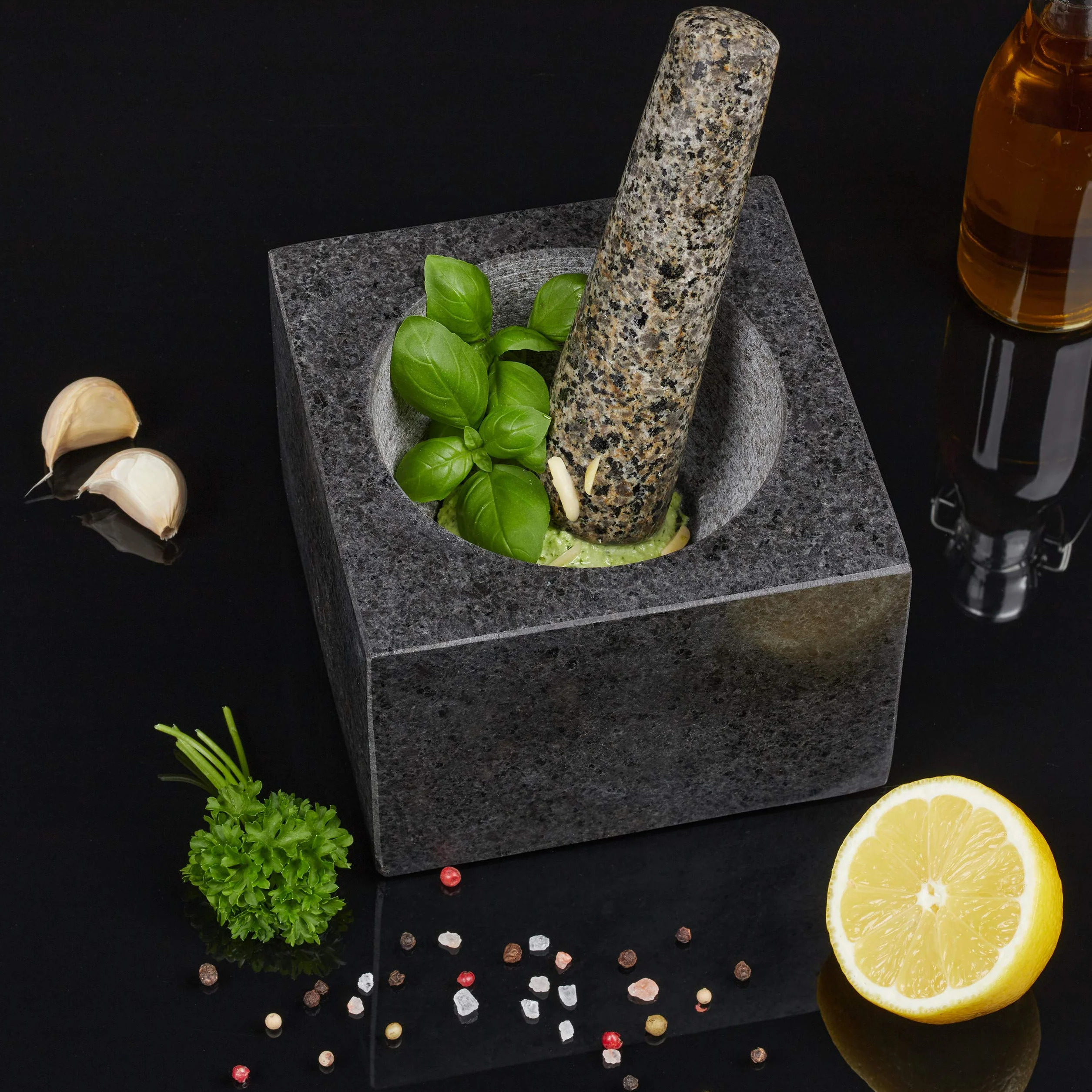 Relaxdays Mortaio e Pestello in Granito 500 ml Pietra Lucida Grigio Scuro