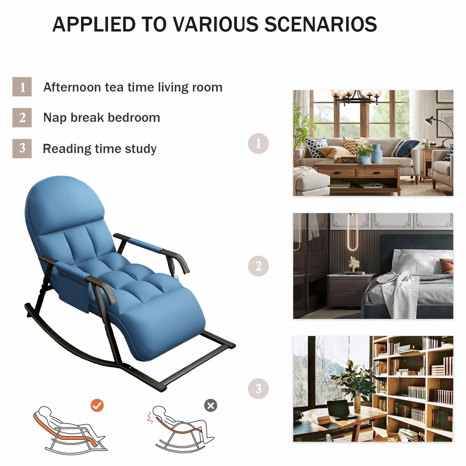 Sedia a Dondolo da Interno, Sedia Dondolo con Comoda Seduta Imbottita, Poltrona a Dondolo, Regolabile per Balcone, Soggiorno, Camera da Letto (Arancione) (Blu)