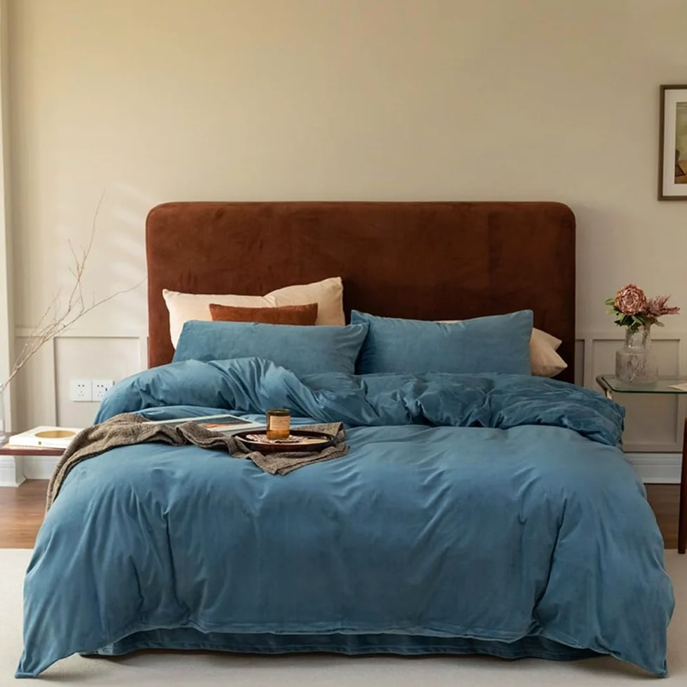 Set copripiumino in velluto, 4 pezzi, con copripiumino, lenzuolo piano e federe con busta, per letto Queen/King Size
