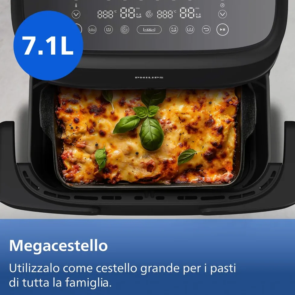 Philips Airfryer Serie 1000, Friggitrice ad aria con singolo/doppio cestello flexi da 7.1L e separatore, doppia resistenza e termostasti separati, RapidAir, 10 modalità, compatto, HomeID (NA154/00)