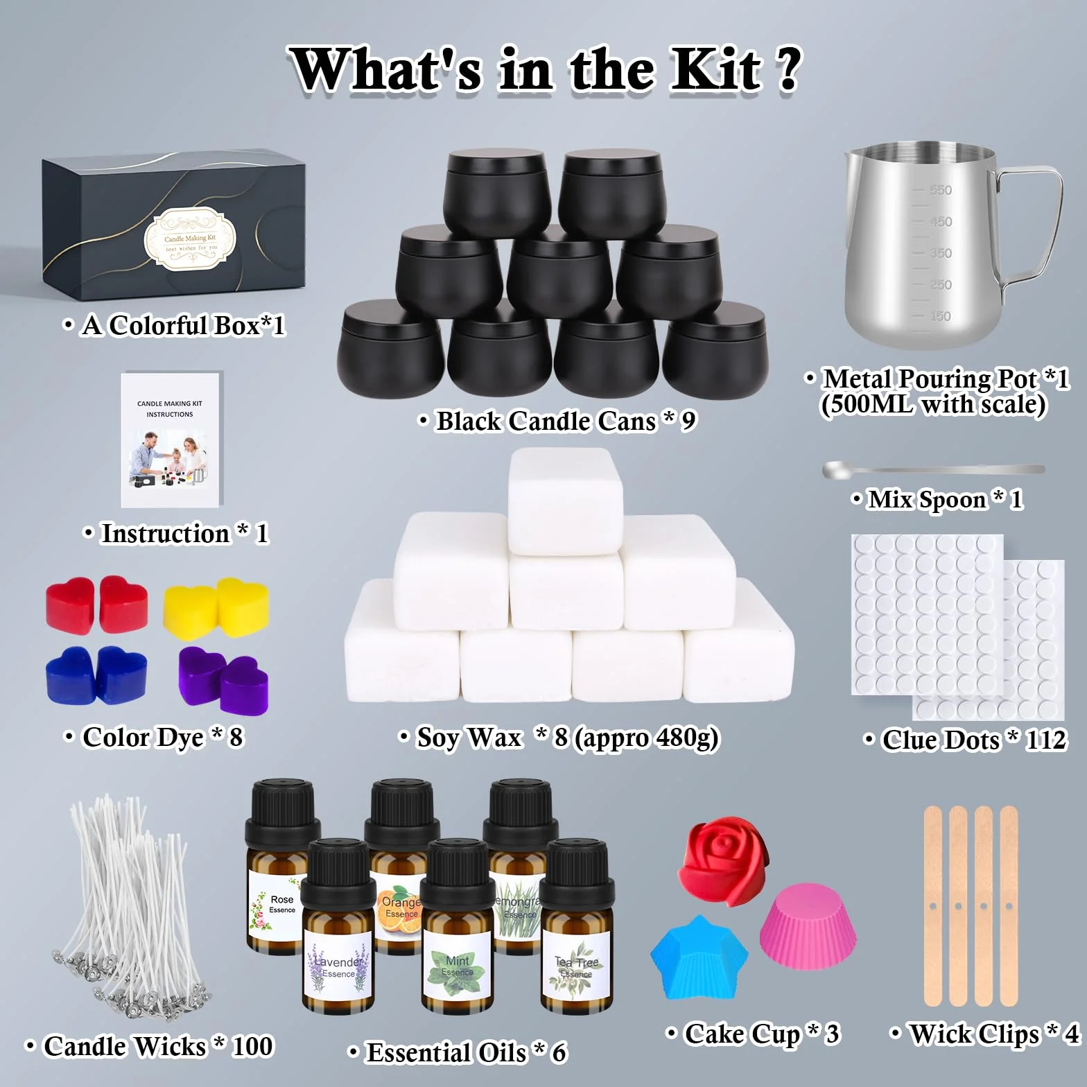 Kit Fabbricazione Candele 9 Candele Natale, DIY Set Regalo Cera Soia 480g, Oli Essenziali