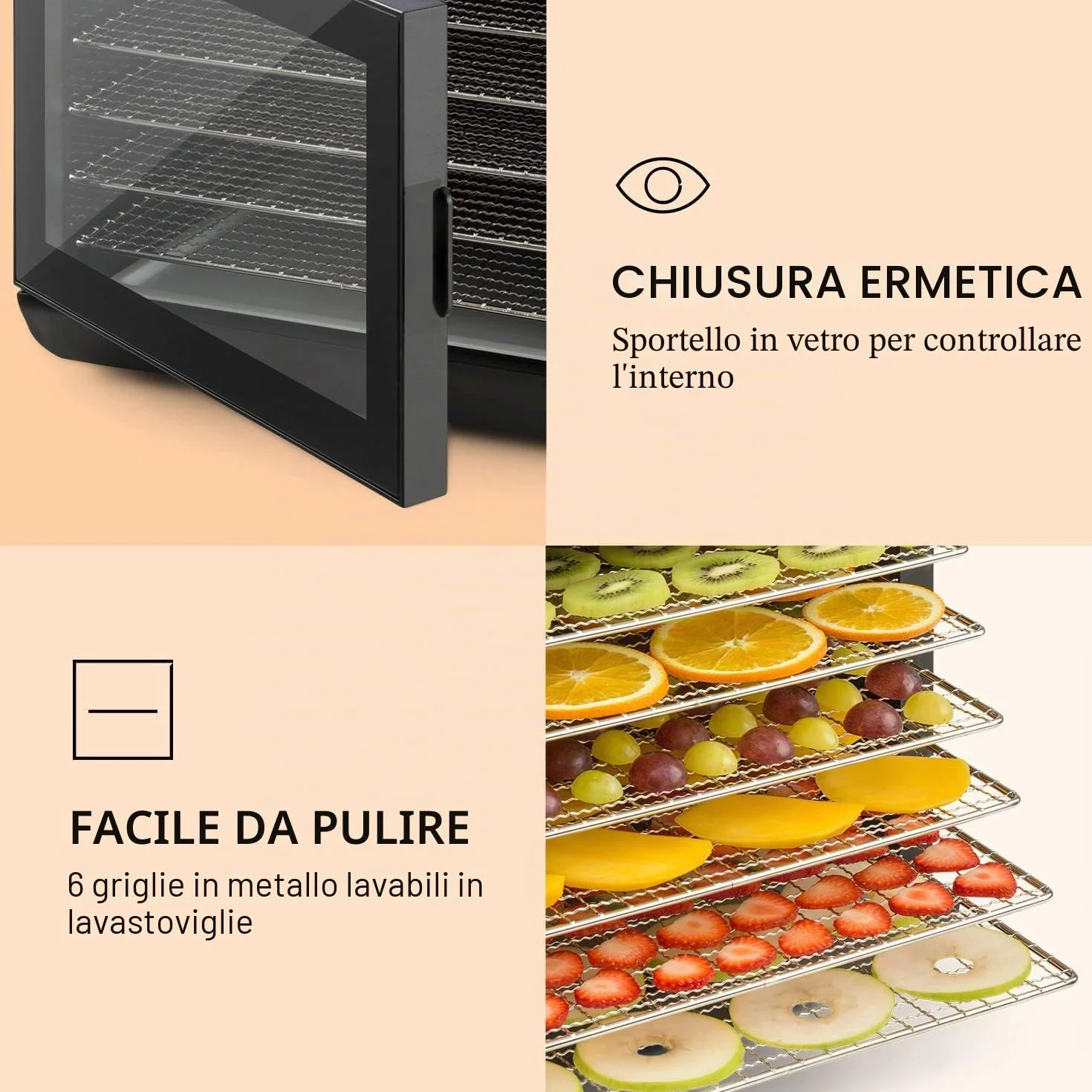 KLARSTEIN Arizona - Disidratatore, Essiccatore di Carne e Frutta, Essicatrice, 500 Watt, 35-70 ° C, 6 Ripiani Lavabili in Lavastoviglie, Nero