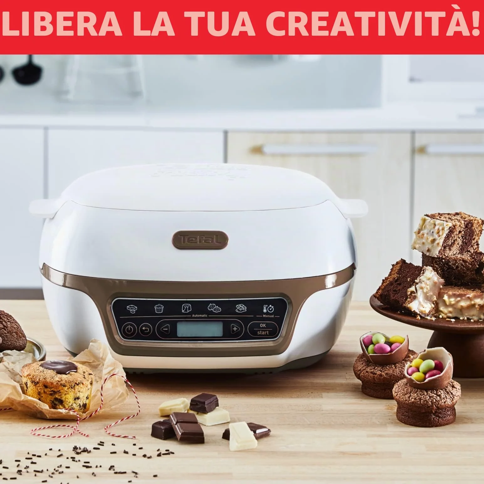 Tefal Macchina per Torte Cake Factory+ 5 Programmi Automatici 1 Manuale 3 Stampi Flessibili 1 Stampo Acciaio Rivestito Crispybake