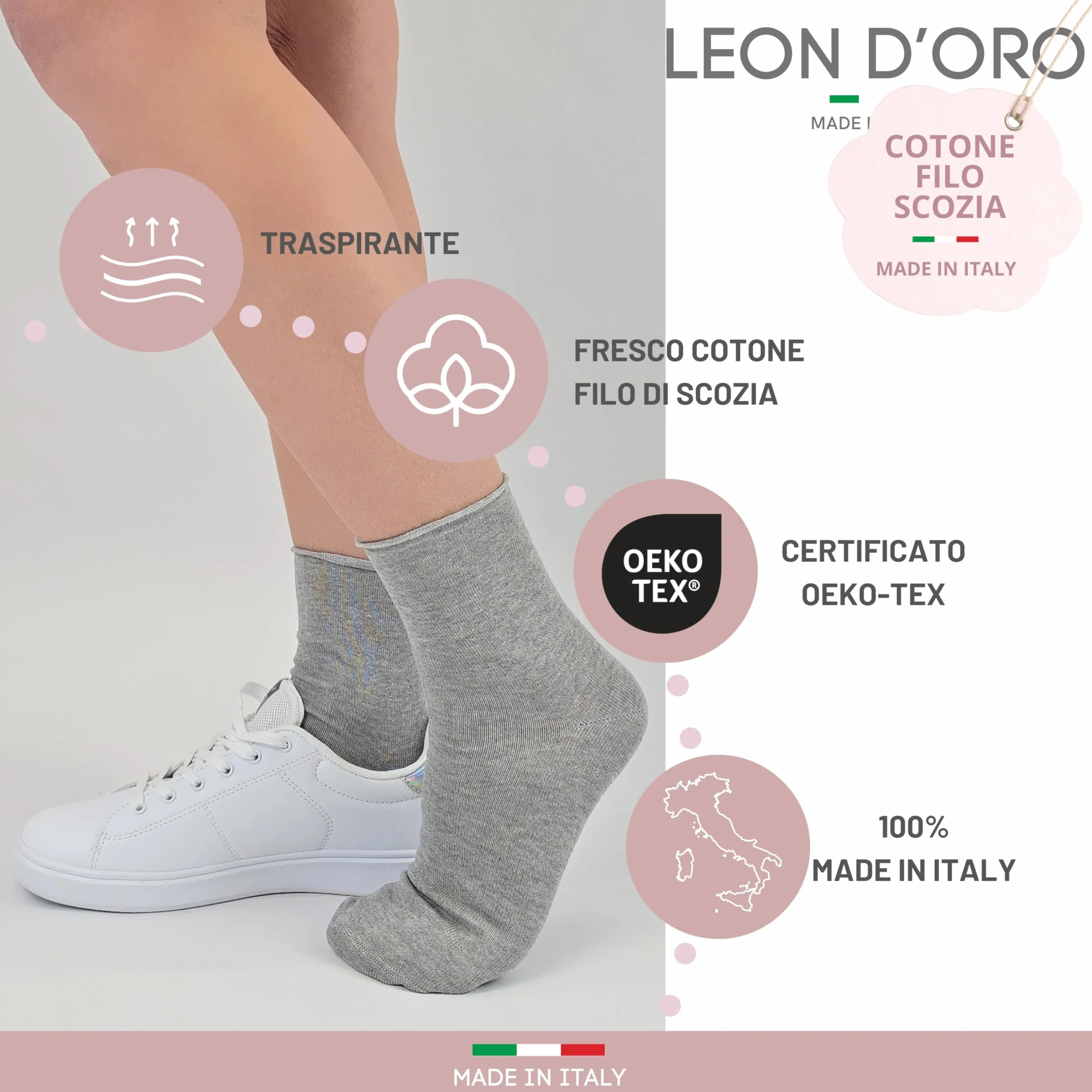 LEON D'ORO Calzini SENZA ELASTICO Donna COTONE LEGGERO Calze Donna FILO DI SCOZIA Made in Italy