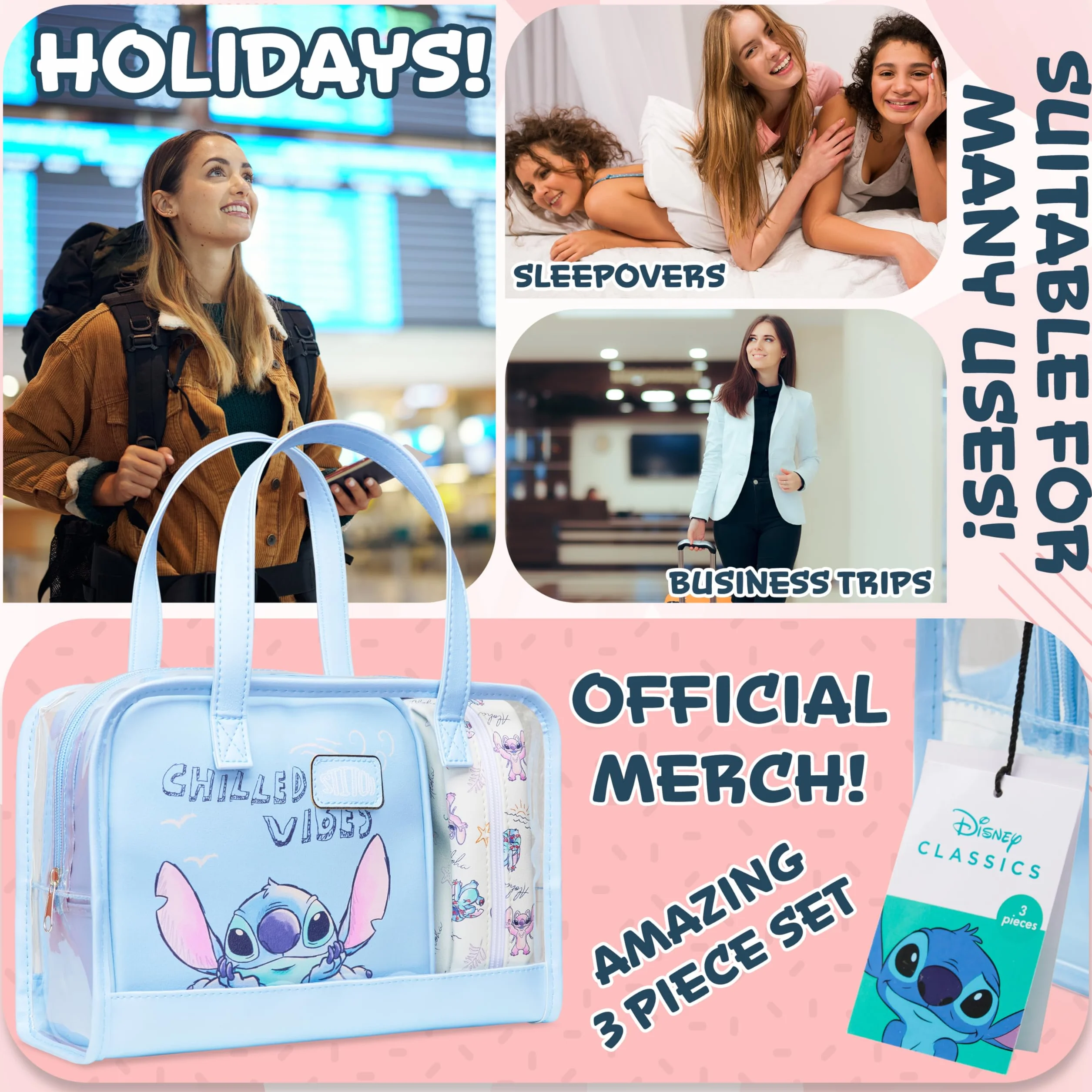 Get Trend Disney Stitch Beauty Case Donna Ragazza, Set 3 Pezzi Borsa Trasparente, Pochette e Porta Trucchi, Beauty da Viaggio per Make Up (Blu Stitch)