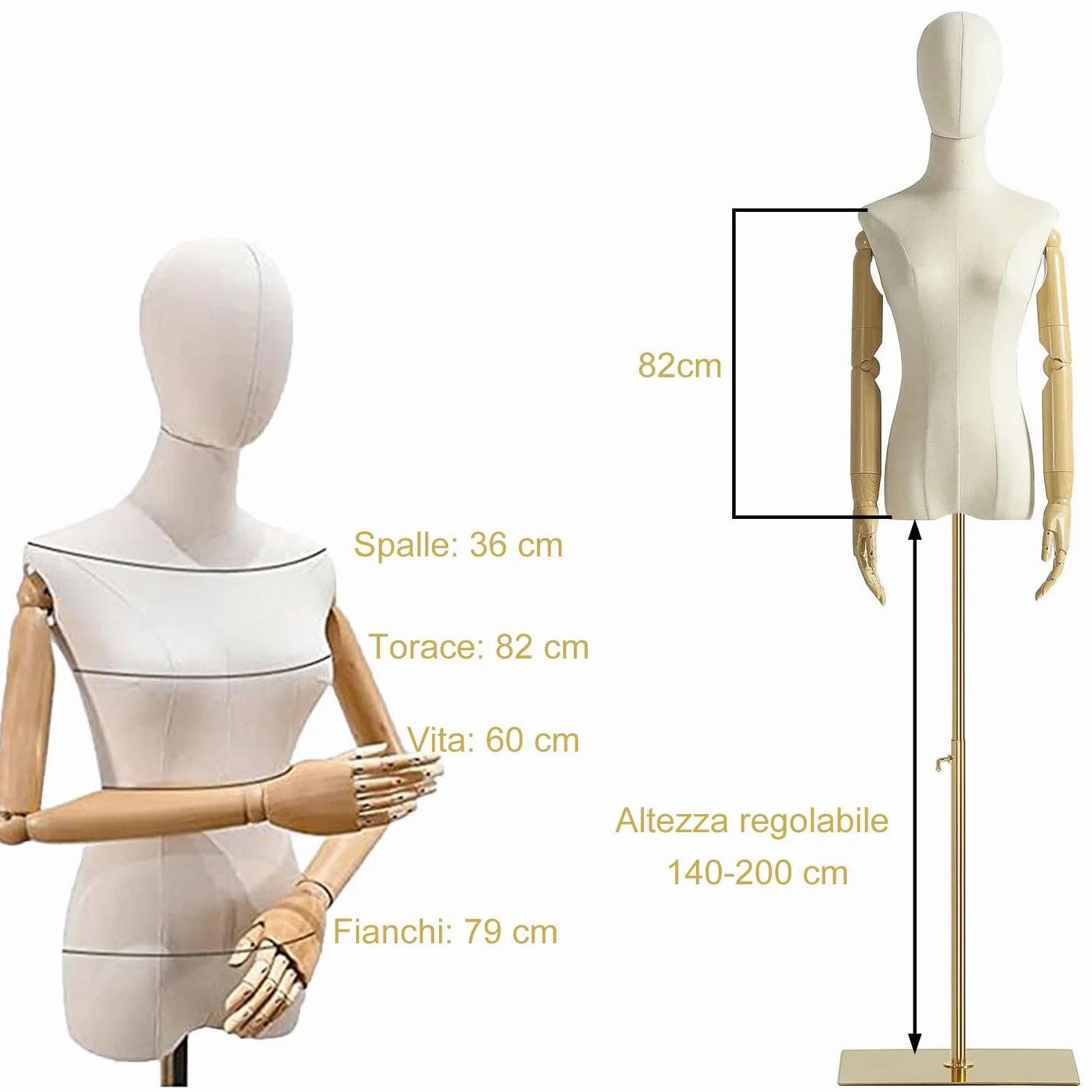 Manichino femminile a forma di busto, corpo manichino con testa staccabile, mani in legno e supporto regolabile in altezza dorato, per esposizione di gioielli, beige (oro)