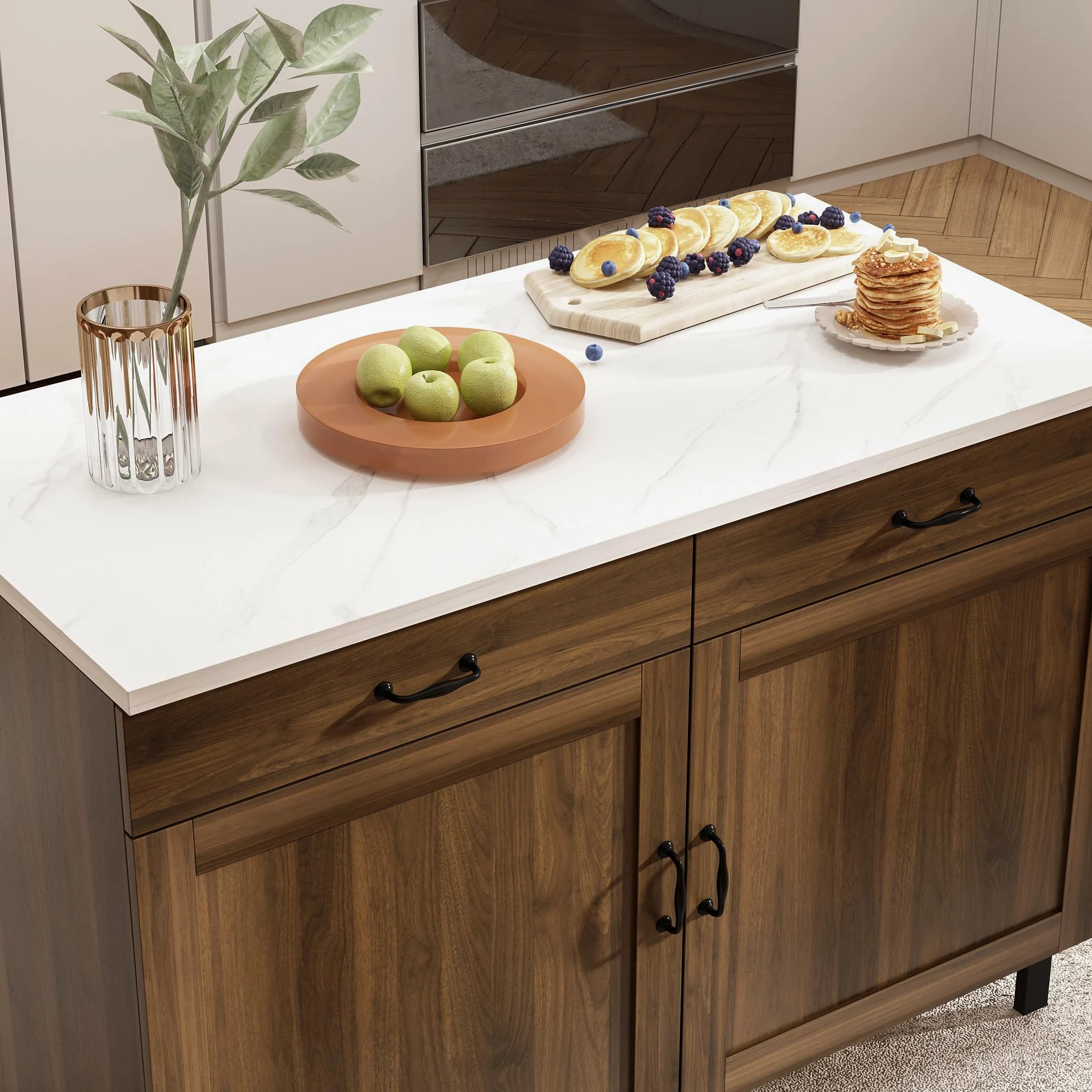 Isola cucina con piano di lavoro, armadio da cucina a cassetti, tavolo centrale con ante e cassetti, buffet marrone e bianco, 120x60x85 cm, MDF
