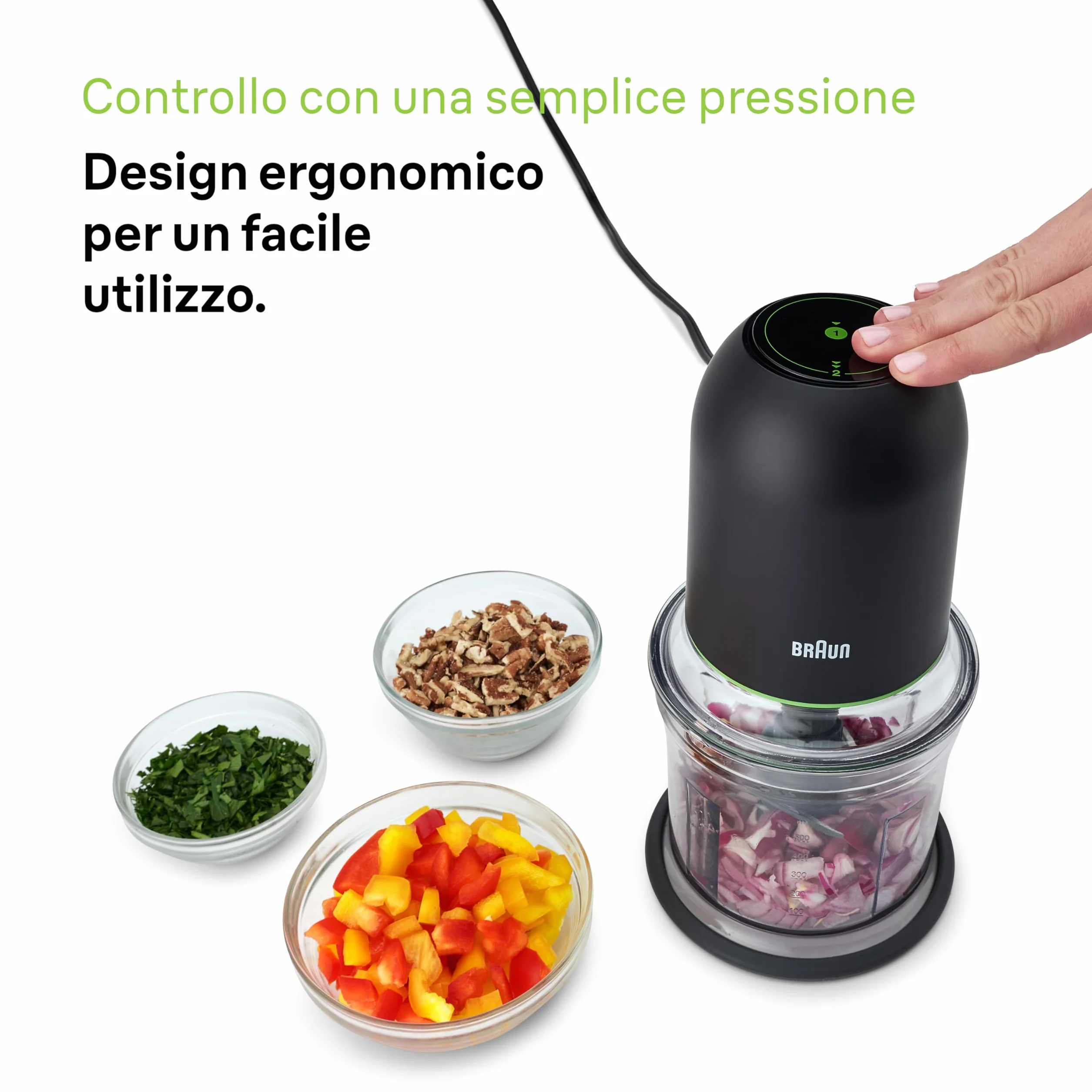 Braun MultiPractic 3 CH3011BK, Tritatutto a Quattro Lame in Acciaio Inox, Due Velocità, Funzione One Push, Tritaghiaccio, Capacità 500ml, Lavabile in Lavastoviglie, 500W, Nero