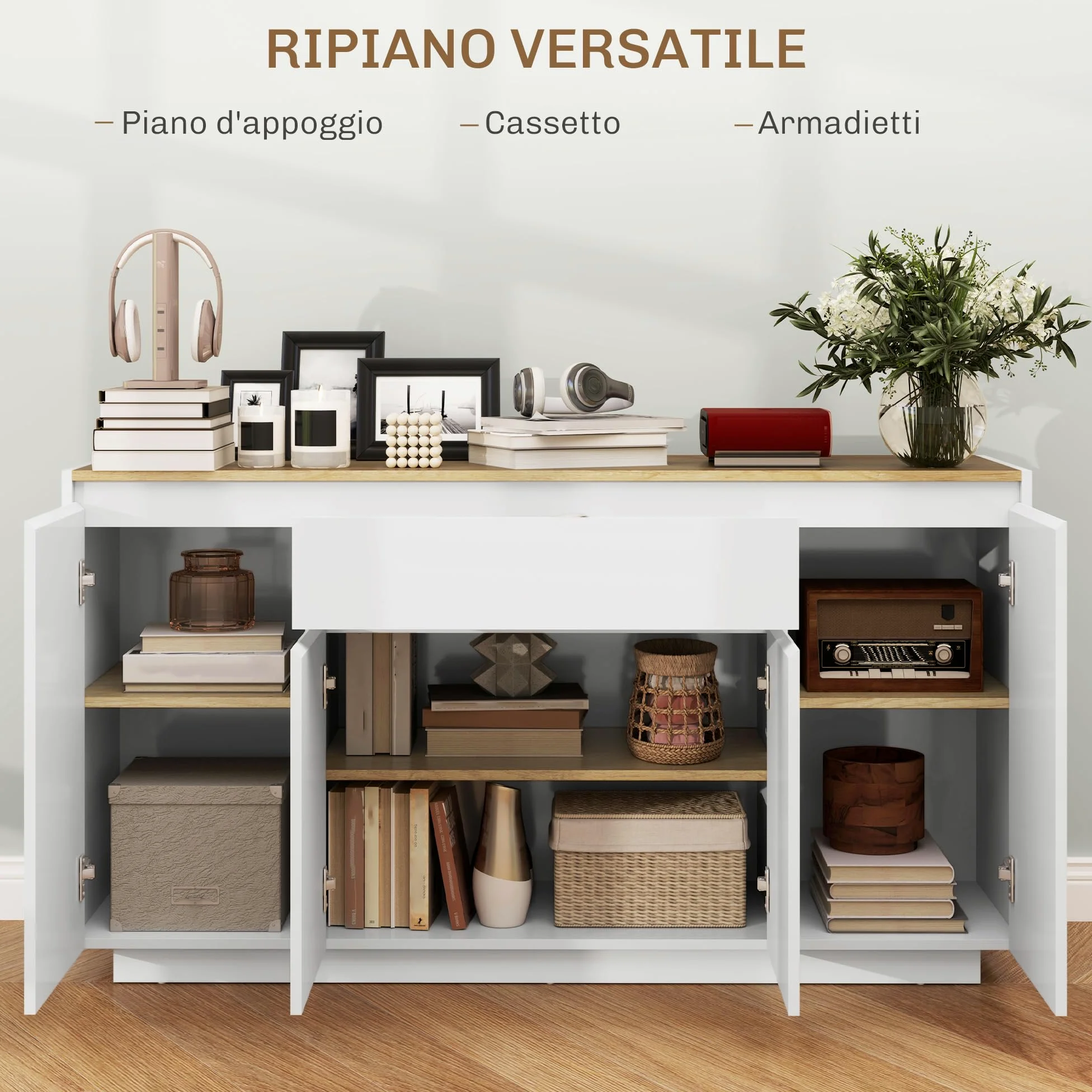 HOMCOM Credenza Cucina con 3 Armadietti a 4 Ante, Mobile Cucina Moderna con Cassetto, Ripiano Regolabile e Ante Soft-Close, Madia in Legno MDF per Soggiorno, Sala da Pranzo, 140x40x75 cm, Bianco