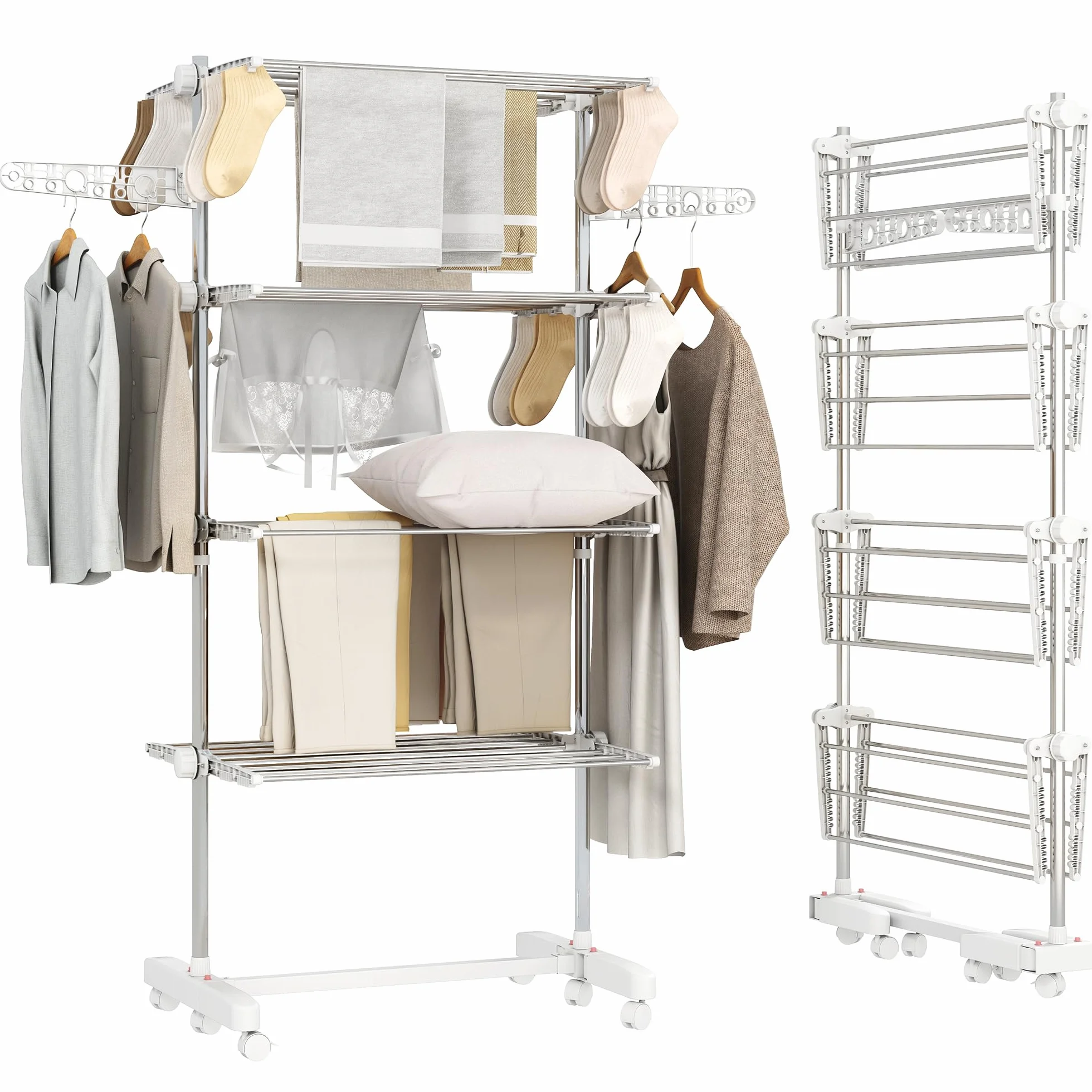 HOMCOM Stendibiancheria Verticale a Torre 4 Livelli, Stendino Pieghevole Salvaspazio in Acciaio Inox con 6 Ruote, 142x55x172cm, Bianco