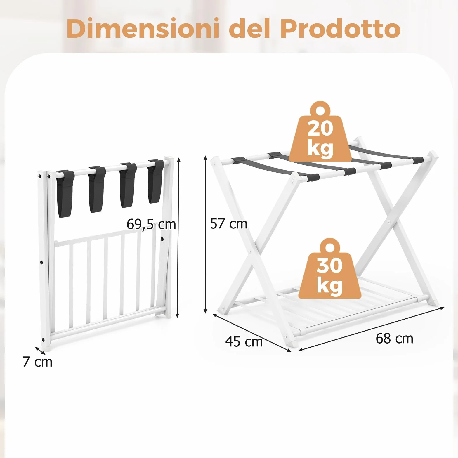 GYMAX Portavaligia da Hotel in Ferro 50 kg Pieghevole a 2 Ripiani 68x45x57 cm 2 Pezzi Bianco