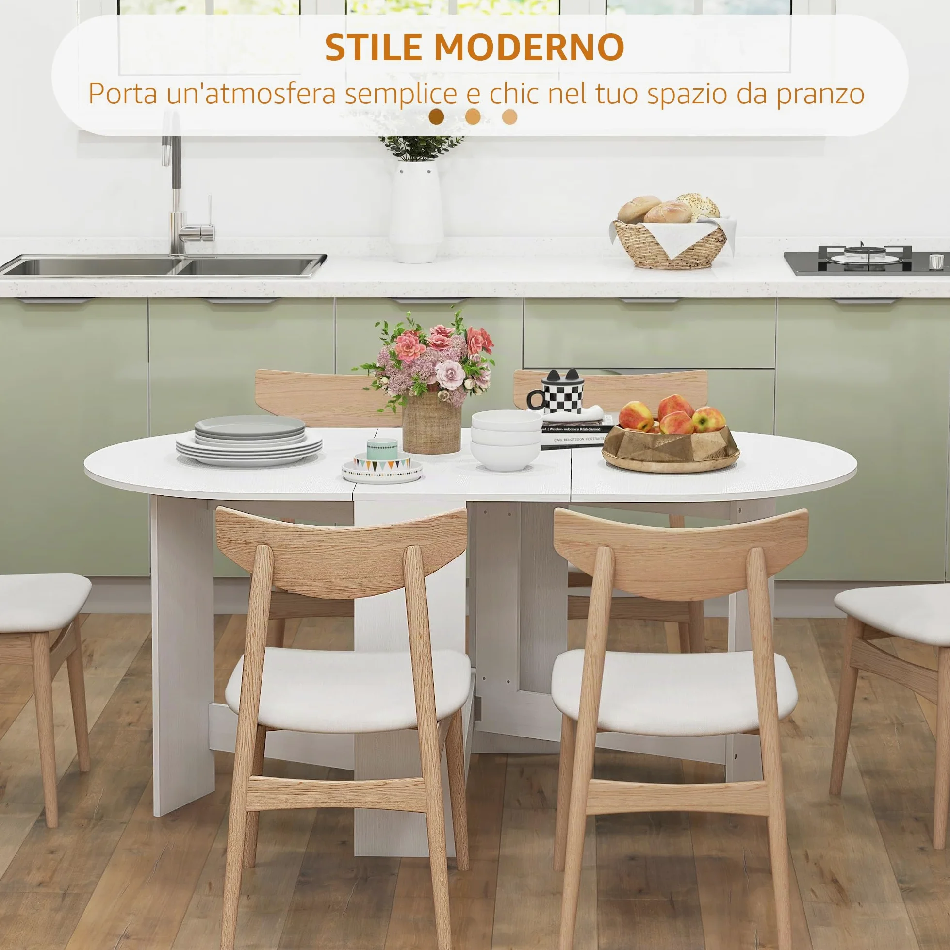 HOMCOM Tavolo da Pranzo Pieghevole, 163x80 cm Scrivania Richiudibile Salvaspazio con 2 Ribalte Ovale per 6 Persone, Tavolo Cucina a Ribalta, Ideale per Soggiorno, Casa, Ufficio, Bianco