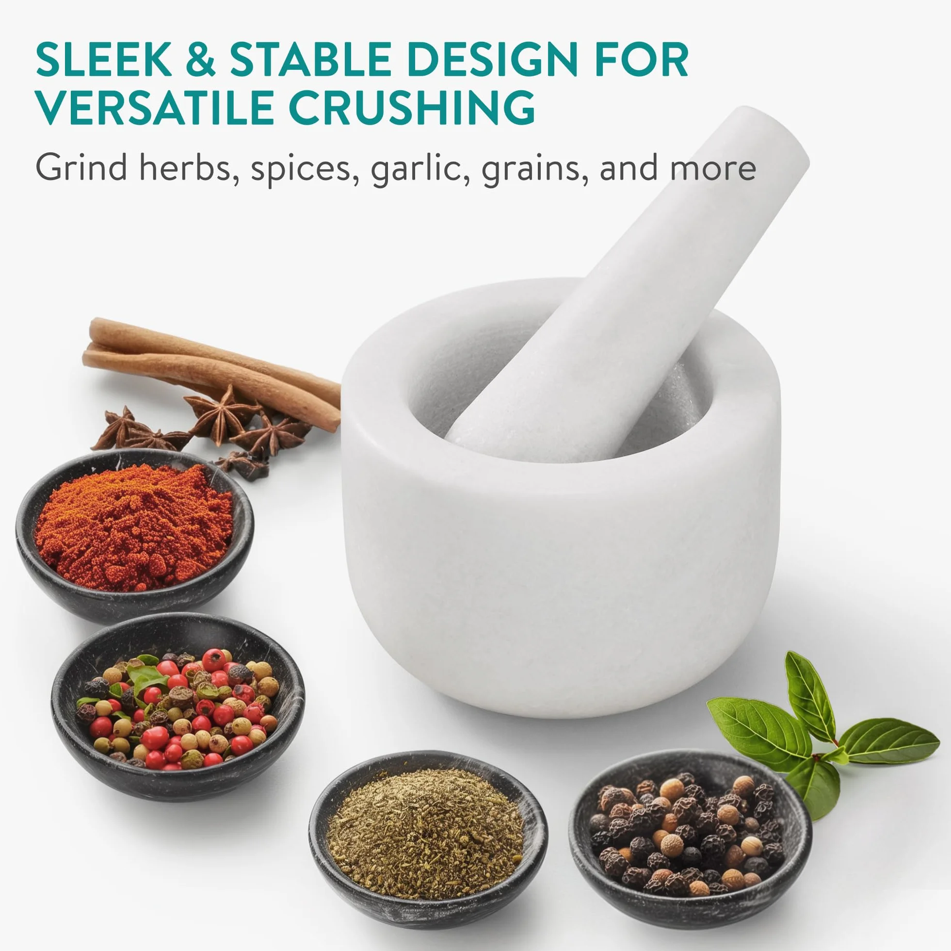 Navaris Mortaio con Pestello Marmo Bianco - Macina Spezie Manuale - Set Preparazione per Pesto e Salse - Utensili da Cucina - Ciotola Ø 8,5cm - Piedini Antiscivolo - Home Decor