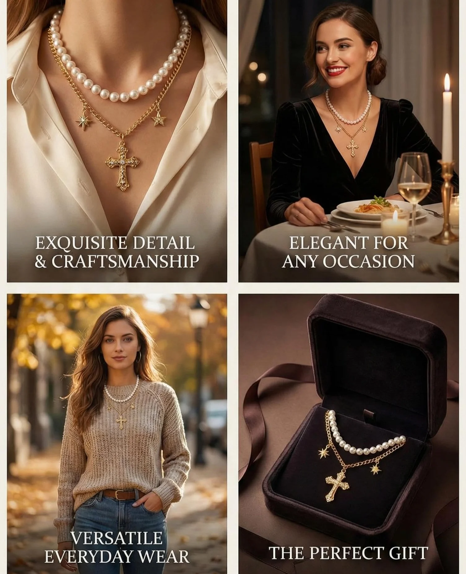 Collana Gotica con Croce Dorata Cristallo e Perla Sintetica Regolabile
