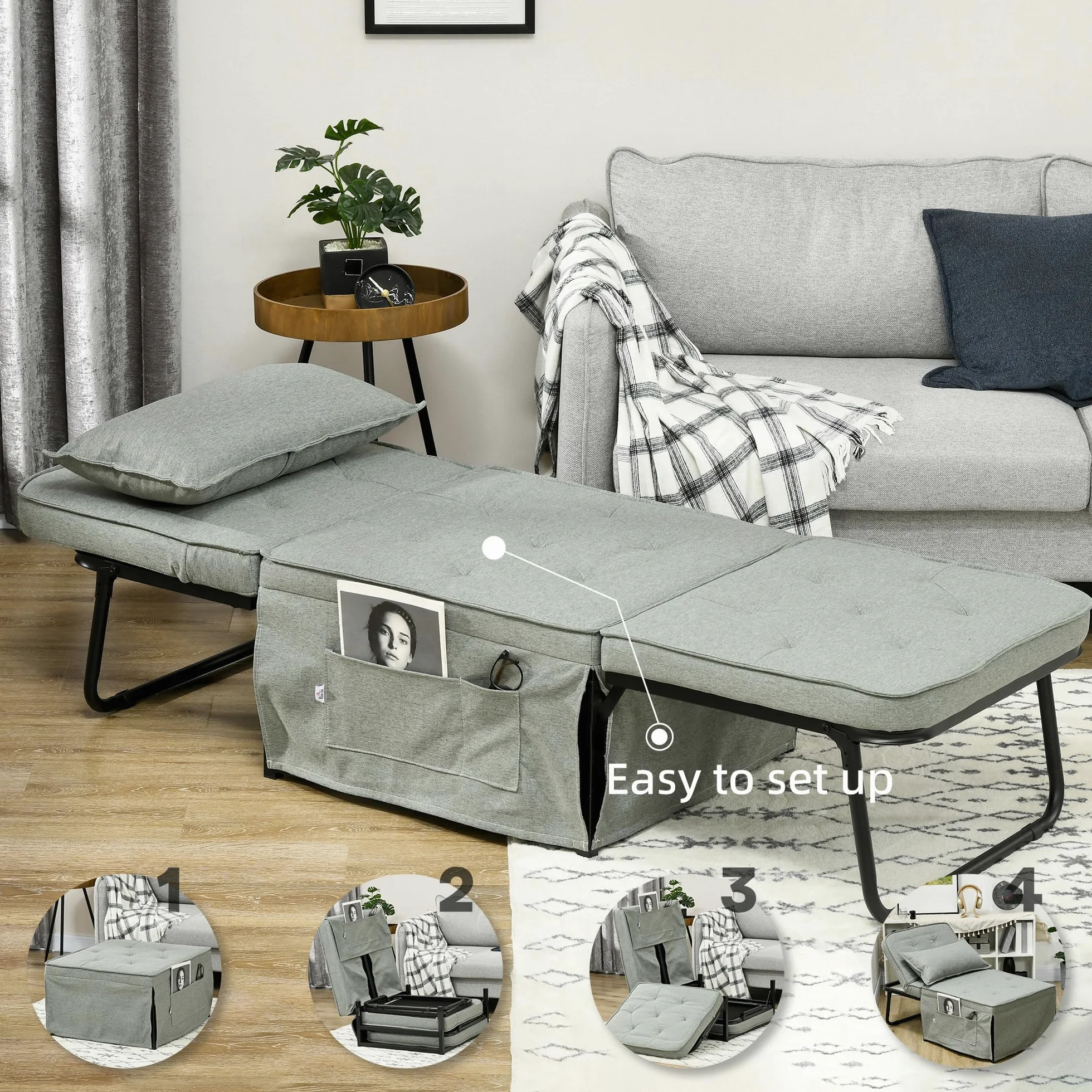 HOMCOM Poltrona trasformabile 4 in 1 con schienale reclinabile in 5 posizioni, cuscino e tasca portaoggetti - 180 x 64 x 40 cm - grigio chiaro