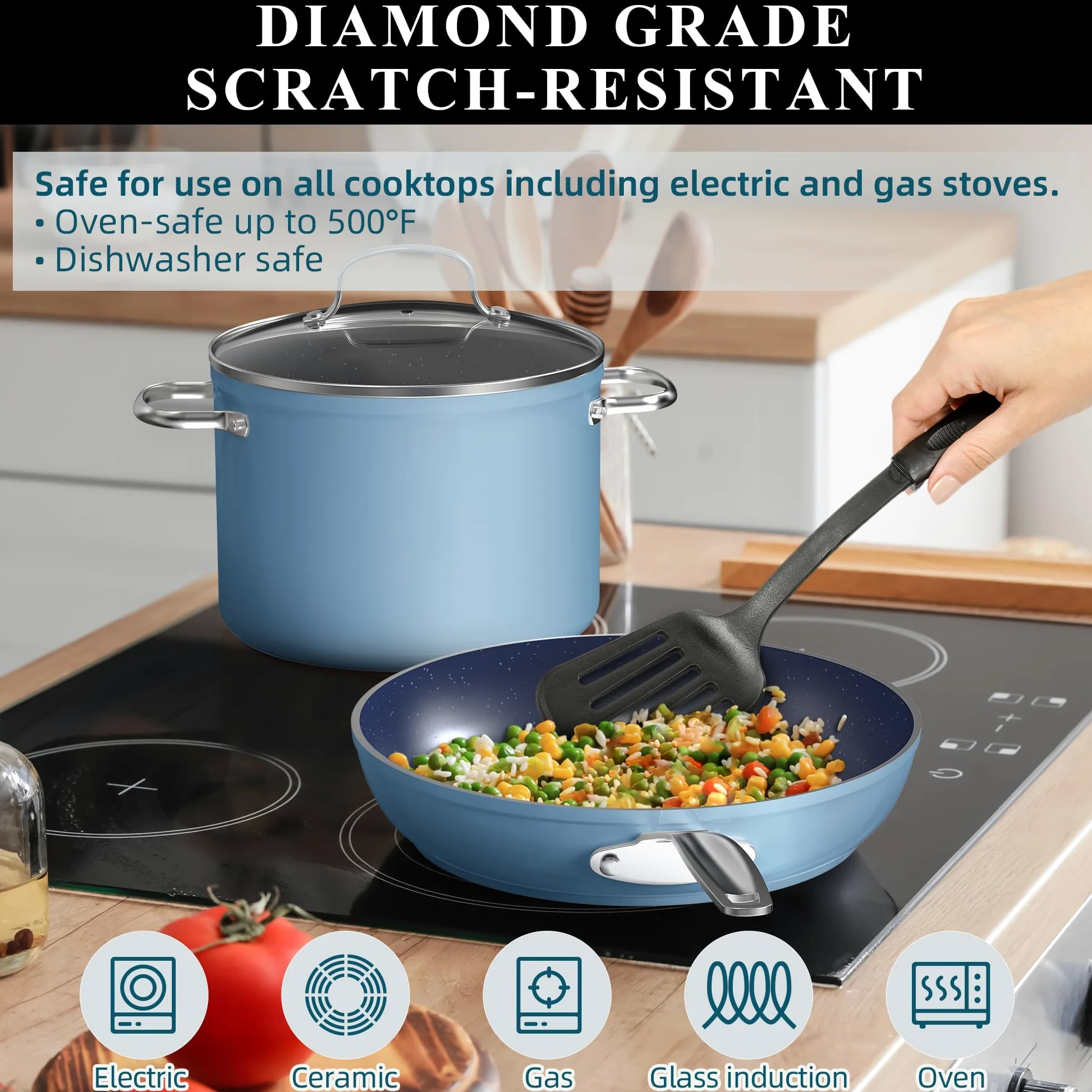 Nuwave Healthy Duralon - Set di pentole in ceramica blu con rivestimento antiaderente, infuso di diamante, resistente ai graffi, senza PFAS, adatto al forno, pronto ad induzione e riscaldamento
