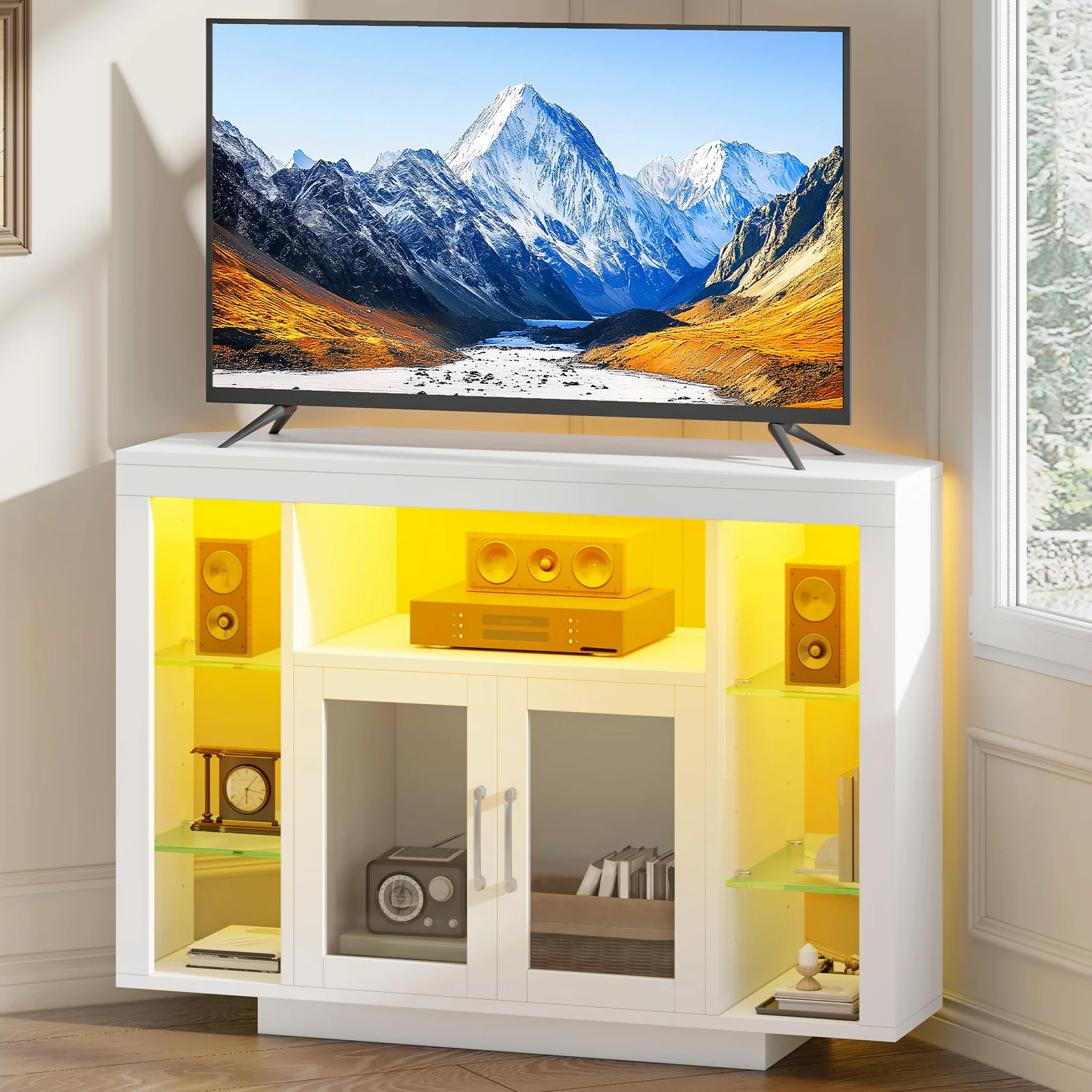 YITAHOME 100CM Mobile TV ad Angolo con illuminazione RGB LED, unità TV angolare per TV fino a 55 pollici con 7 scaffali Open Gaming Entertainment Center