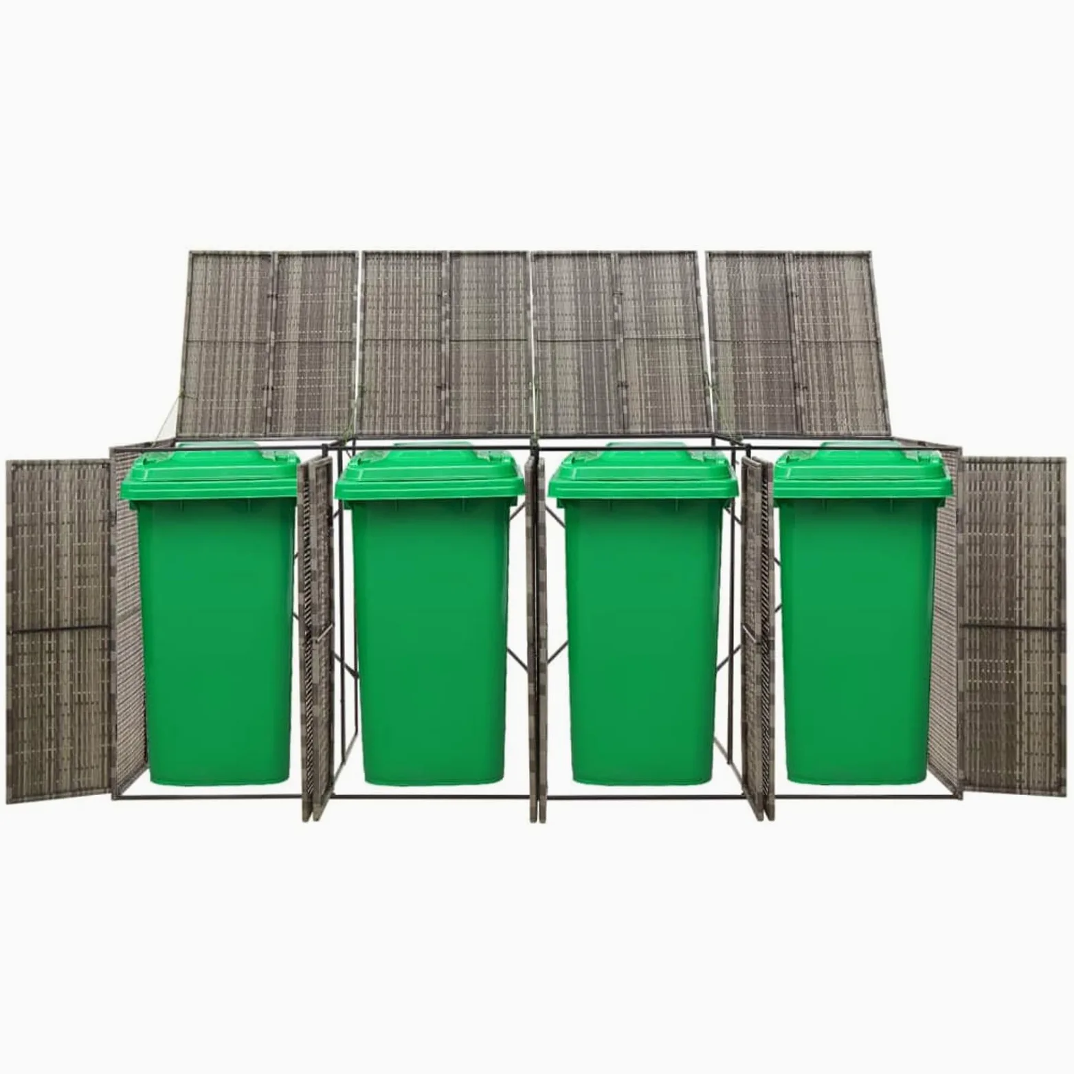 Copribidoni Spazzatura Esterno, Bidoni Spazzatura Esterno, Contenitori Rifiuti Esterno, Porta Bidoni Spazzatura Esterno 4 Bidoni, Copribidone Quadruplo, in Polyrattan Grigio 274x80x117 cm