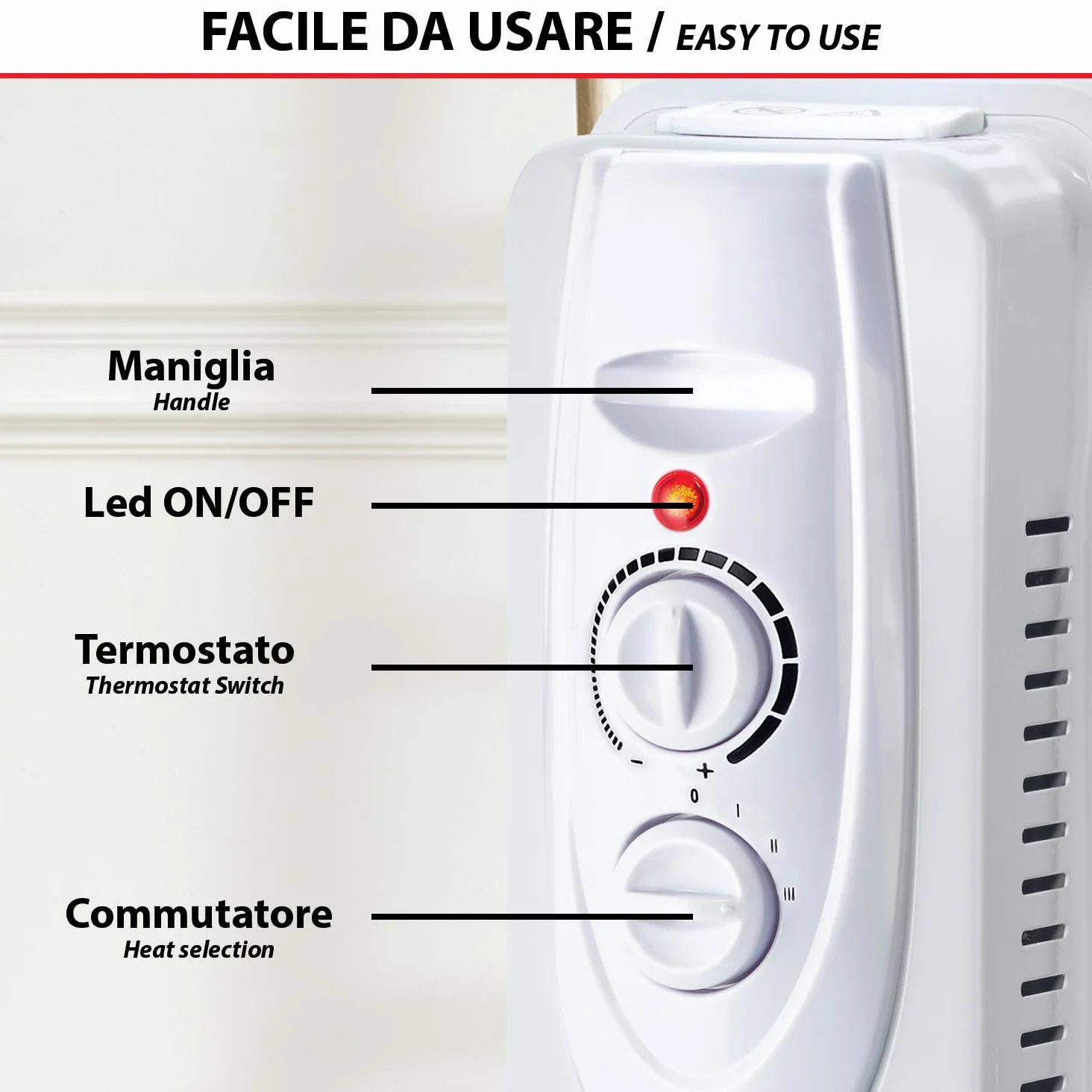 Velamp Radiatore ad Olio 9 elementi 2000 W – riscaldamento silenzioso e uniforme, 9 lamelle efficienti, termostato regolabile, ruote trasportabili
