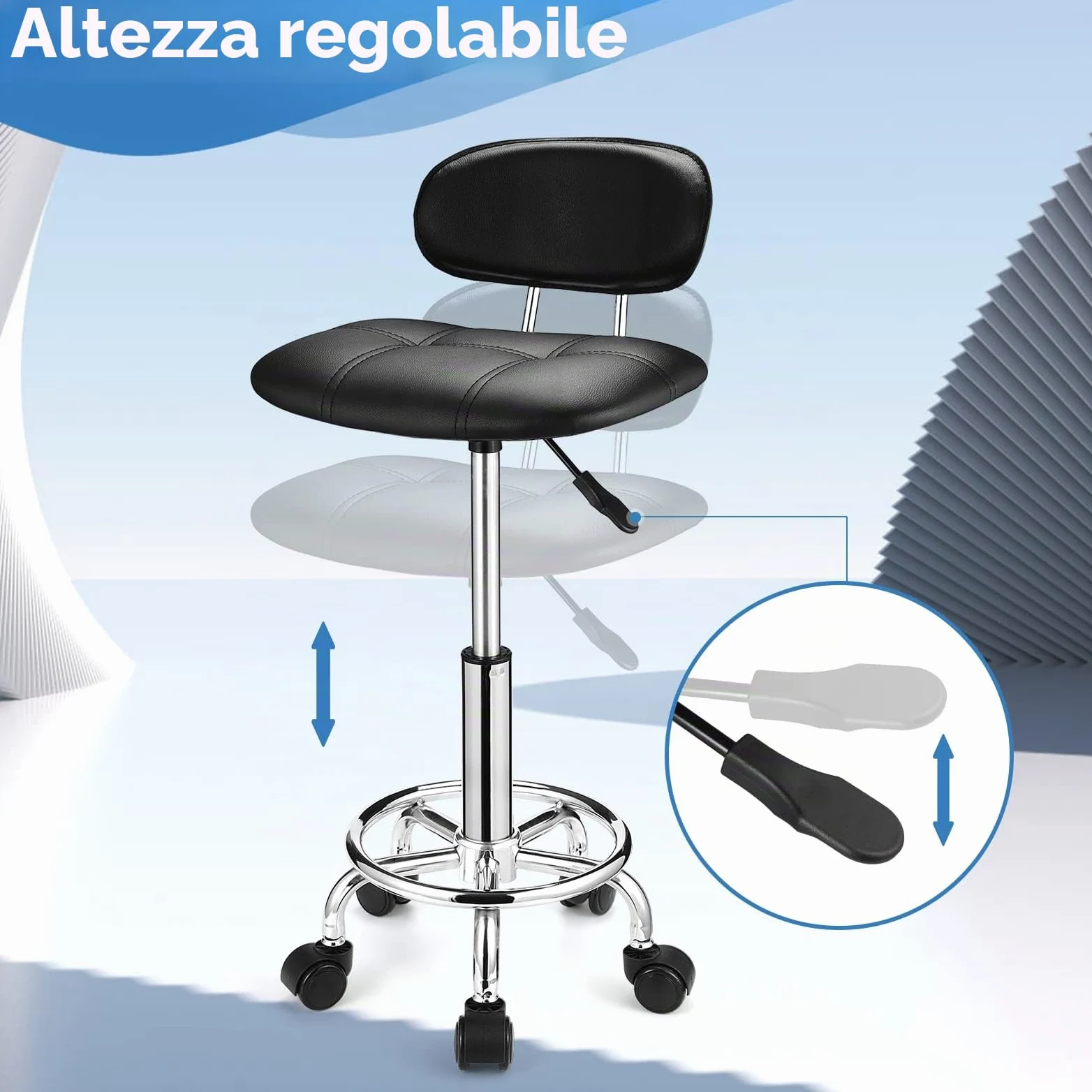 HMTOT Sgabelli quadrati con schienale regolabile in altezza e girevole con ruote, colore: nero