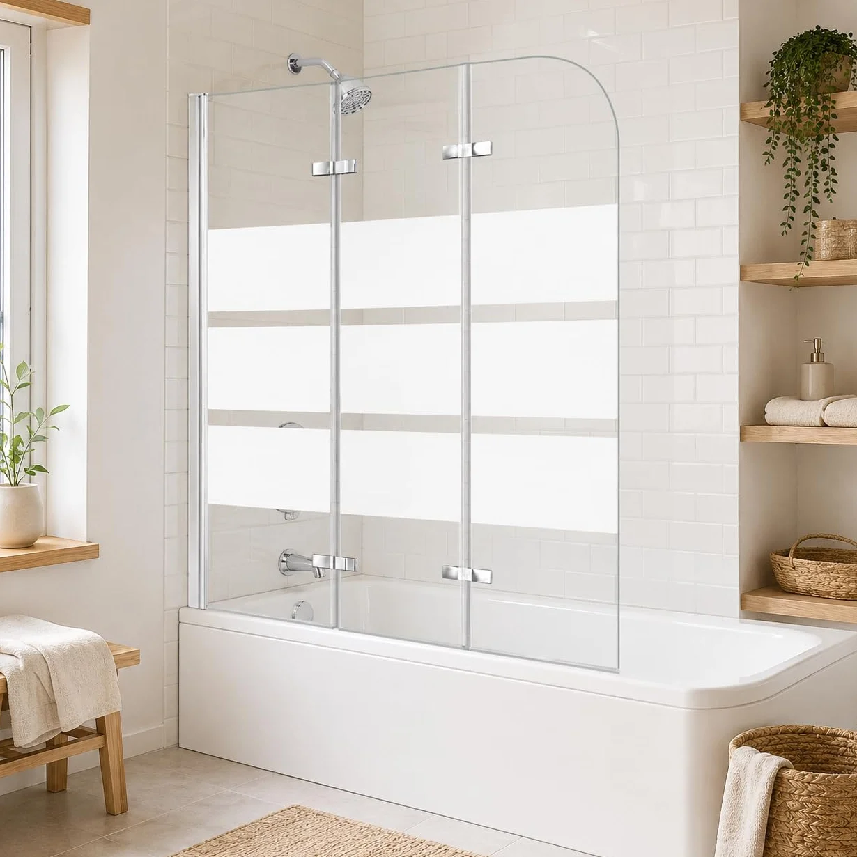 Pannello doccia per vasca da bagno, 120 x 140 cm, pieghevole, 3 pezzi, in vetro di sicurezza EGS da 6 mm, per doccia e vasca da bagno, strisce bianche