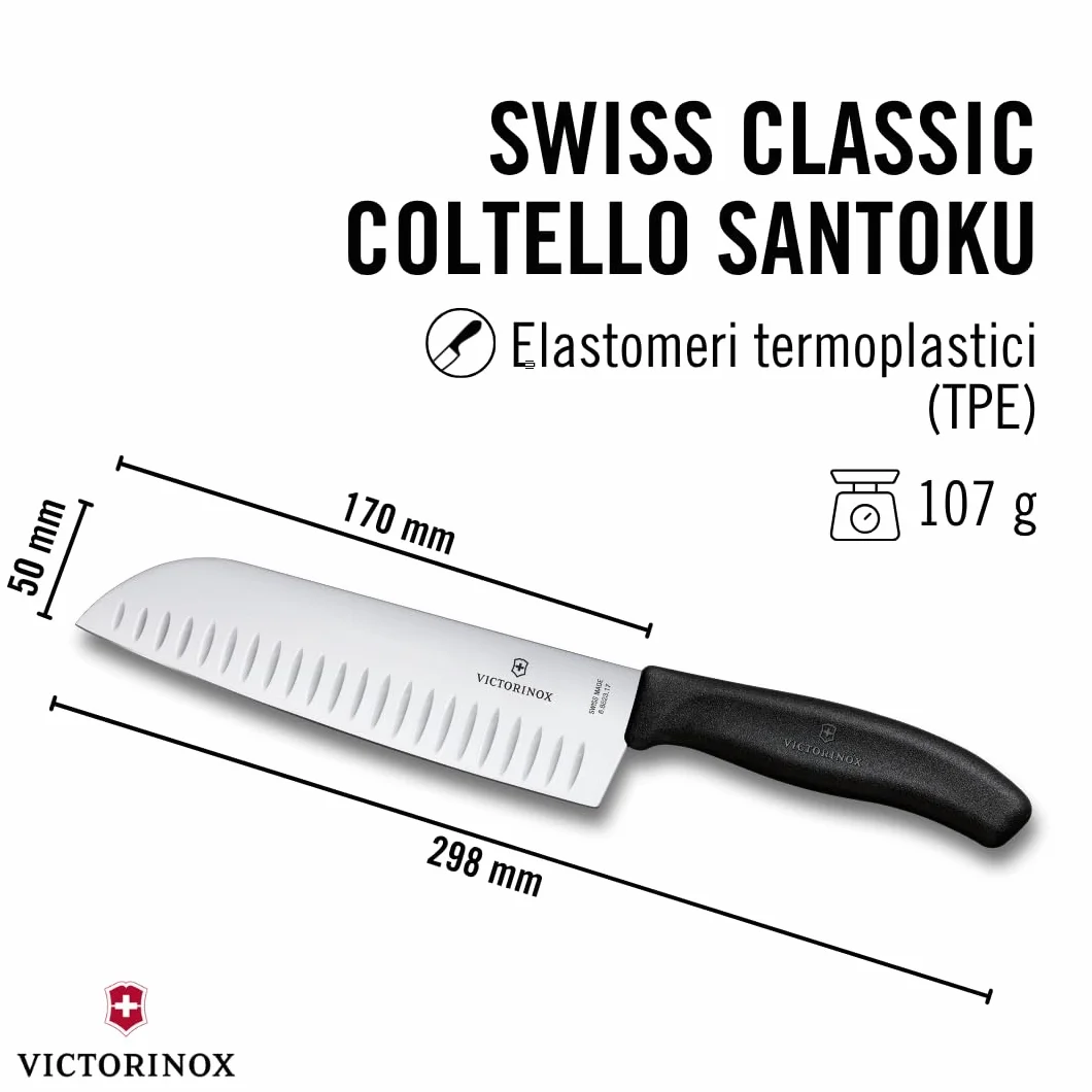 Victorinox Swiss Classic Coltello Santoku, Coltello in stile asiatico, Lama extra-affilata, Forma a bulbo, 17 cm, Acciaio inossidabile, Nero