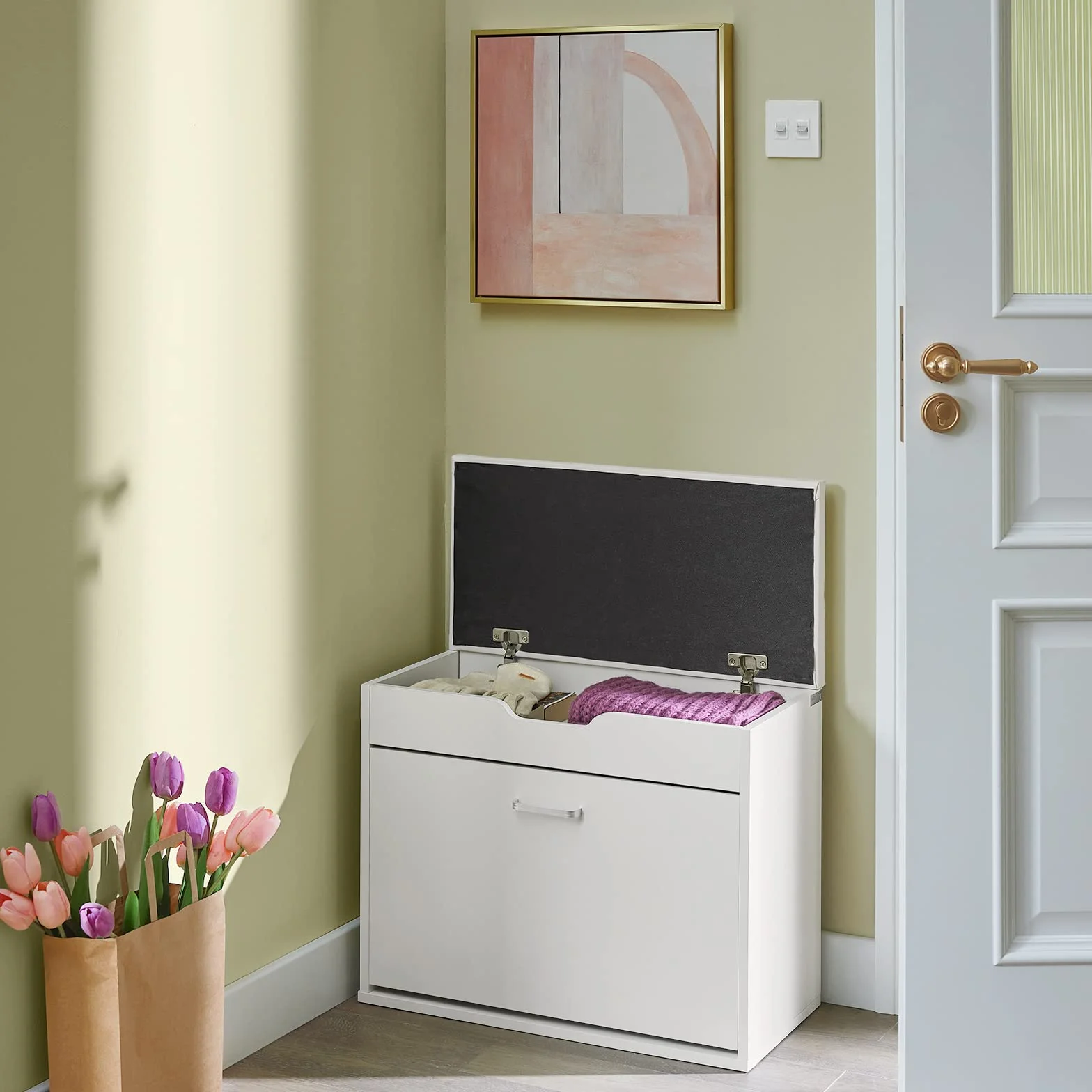 SoBuy Scarpiera Salvaspazio Slim Ingresso Panca con Contenitore Nascosto Bianco 60x30x50cm 120kg FSR95-W