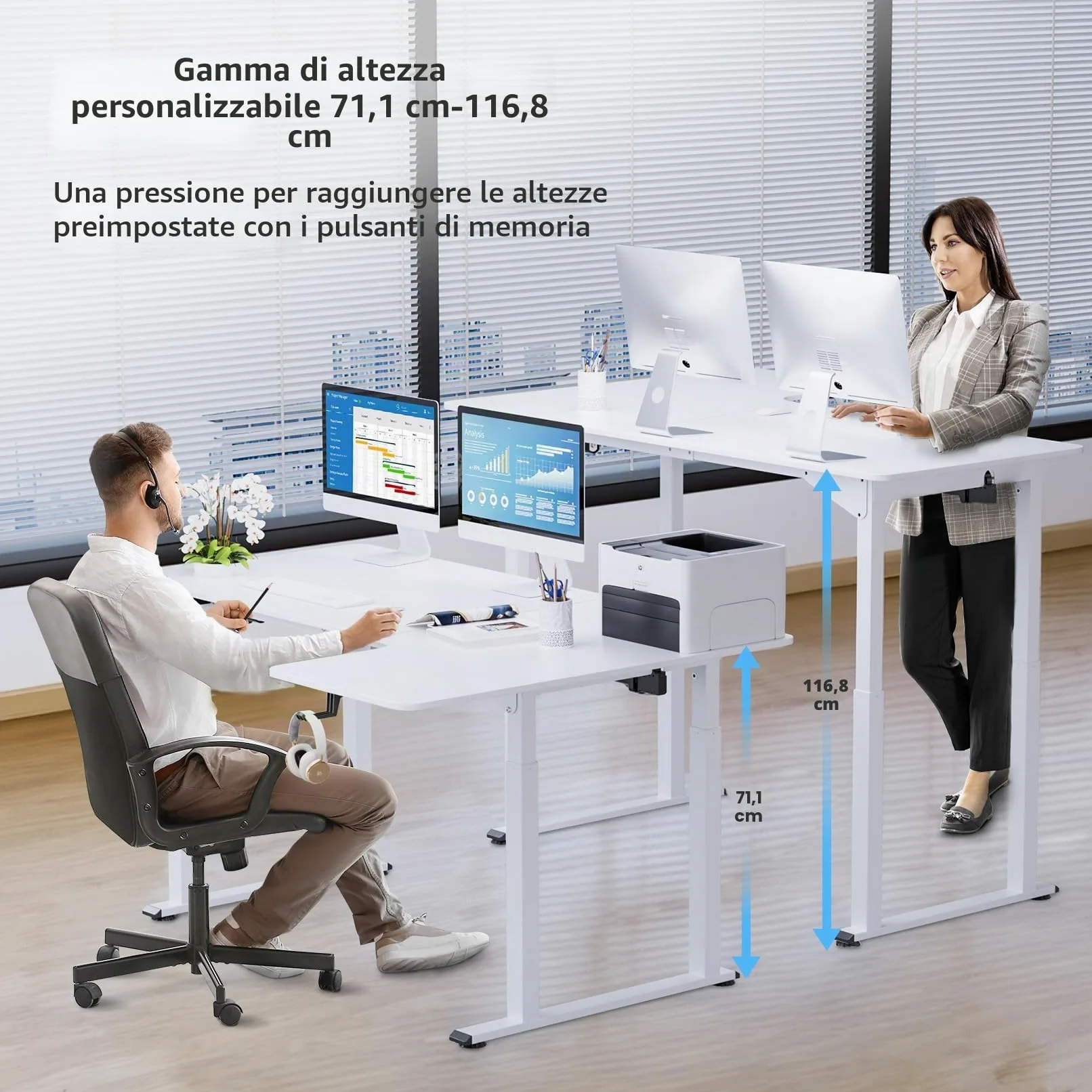 Dripex Scrivania regolabile in altezza 180x110cm, Scrivania ad angolo con doppio motore, Standing Desk con 4 gambe per una super stabilità, bianca