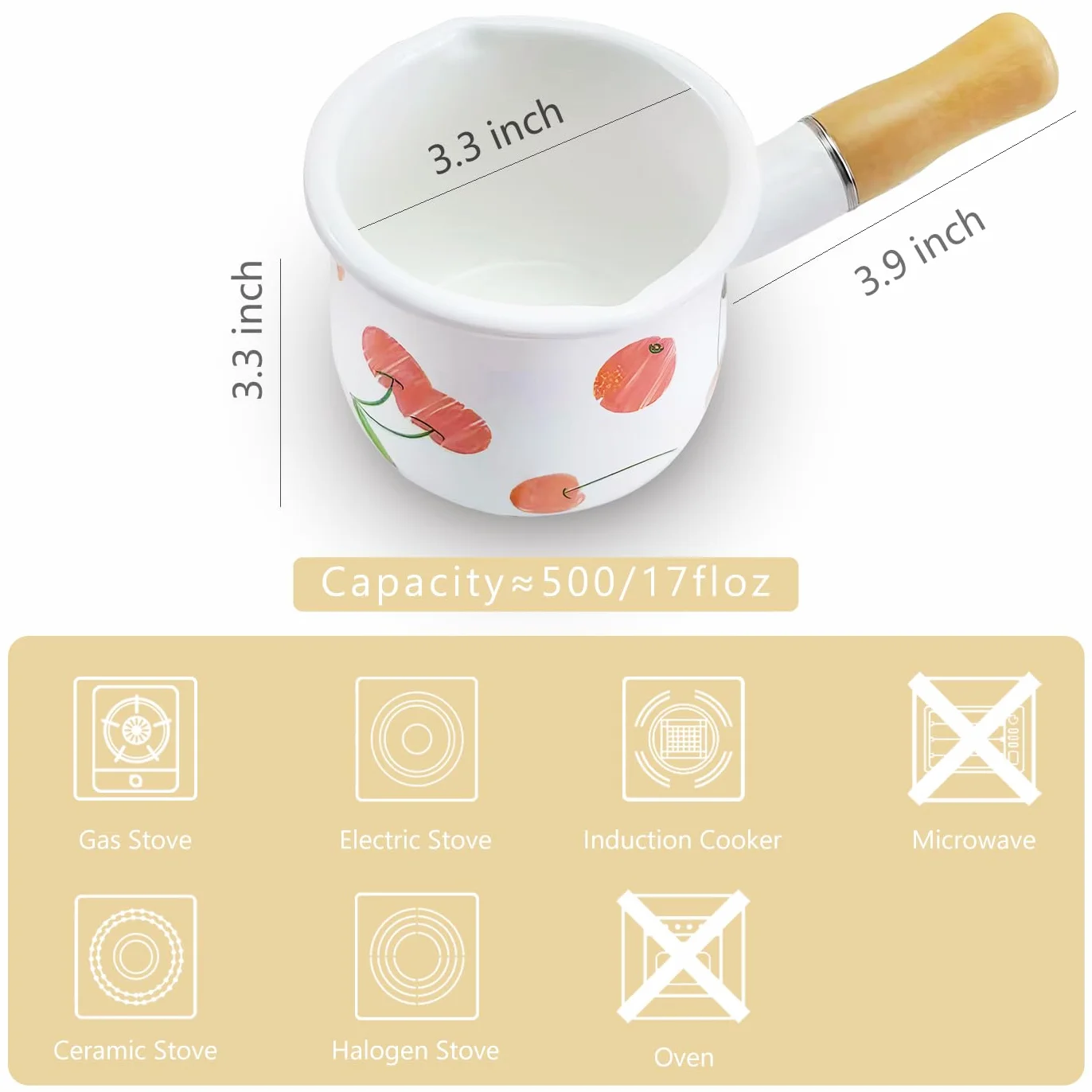 Pentola smaltata per latte, mini scaldabagno da 10,9 cm, 17 ml, con manico in legno, dimensioni perfette per riscaldare porzioni liquide più piccole…