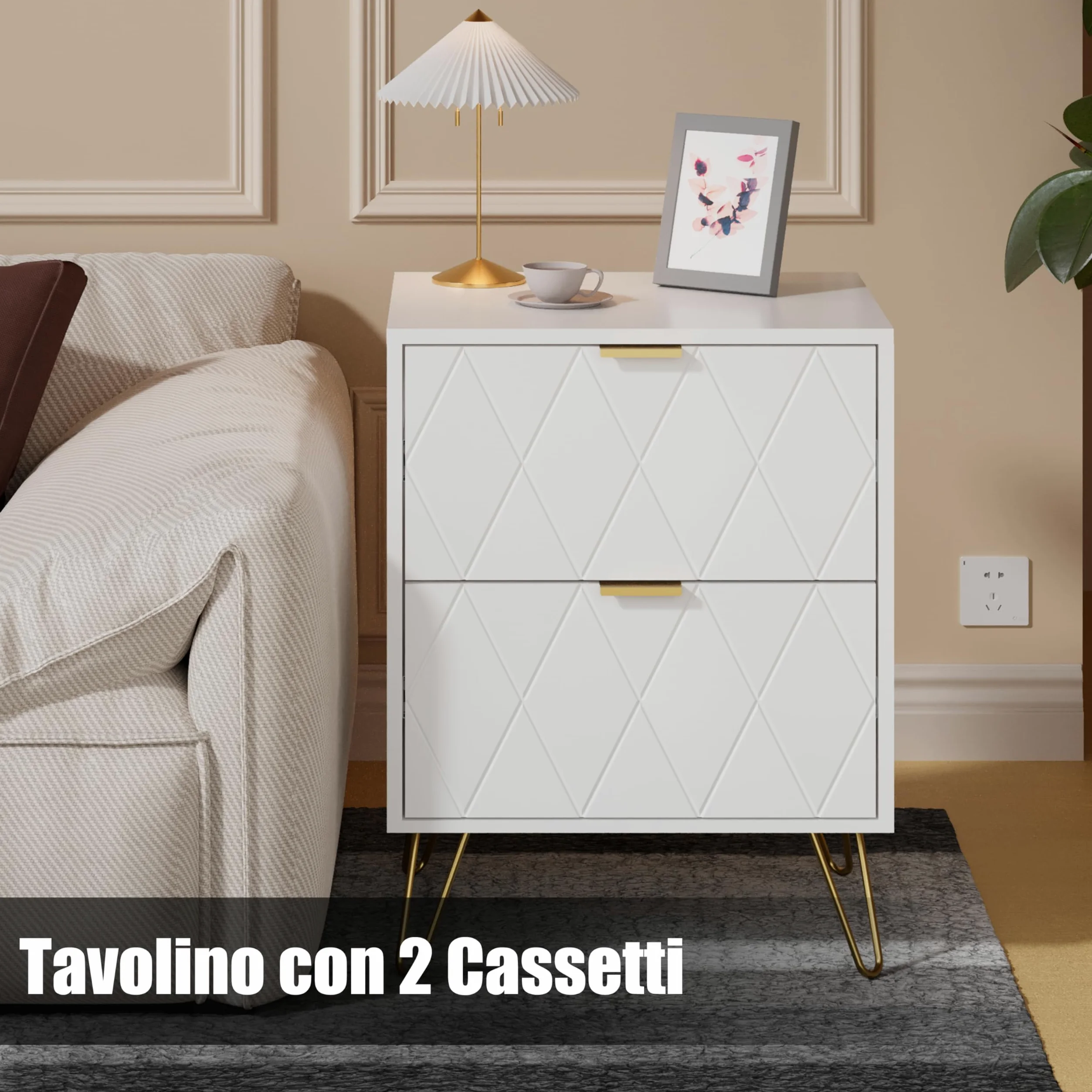 UEV Comodino Bianco Set di 2, Tavolini con 2 Cassetti in Legno ingegnerizzato Robusto, Comodino Piccolo Moderno con Maniglie e Gambe in Oro Cromato per Camera da Lett, 40 x 30 x 52 cm, Bianco