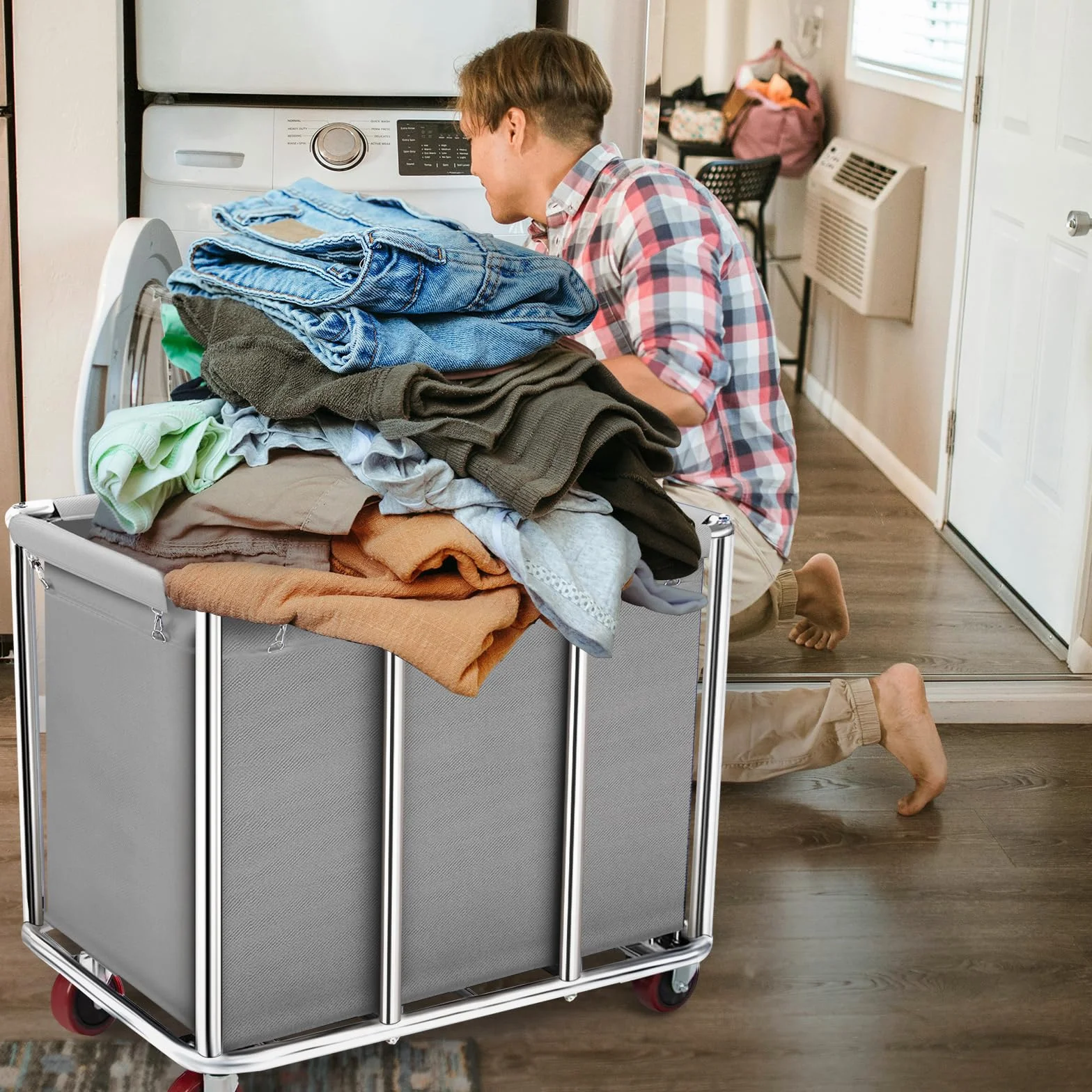 Carrello portabiancheria commerciale, grande 400 litri con tela impermeabile rimovibile, cesto portabiancheria in acciaio inossidabile resistente con ruote per hotel e ospedale, carico di 199,6 kg