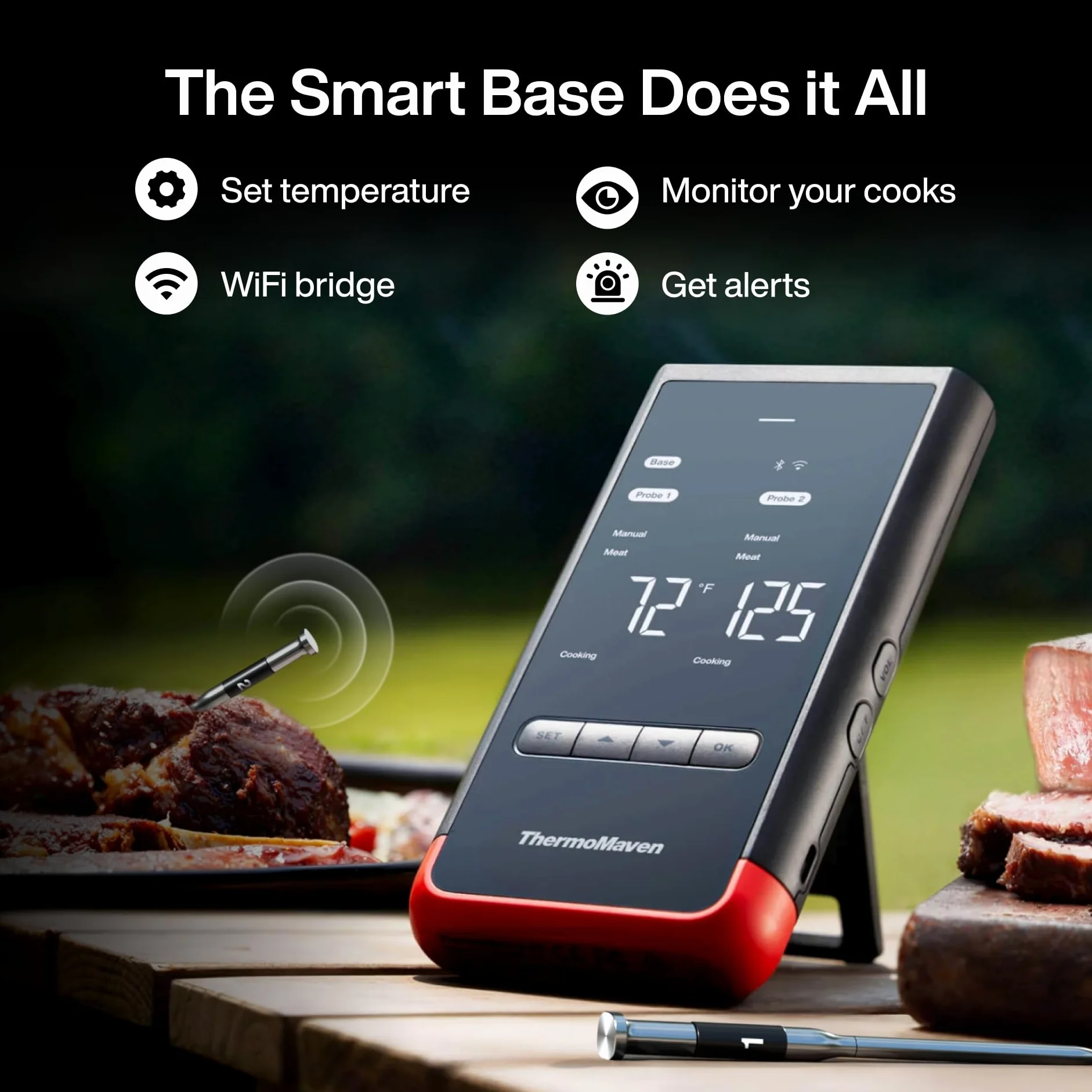 ThermoMaven P2 Termometro intelligente per carne senza fili – 152 m Bluetooth 5.3, 2 sonde 6 sensori, monitoraggio Wi-Fi illimitato, stabilità, impermeabile IPX8, per barbecue, forno, cucina, alimenti