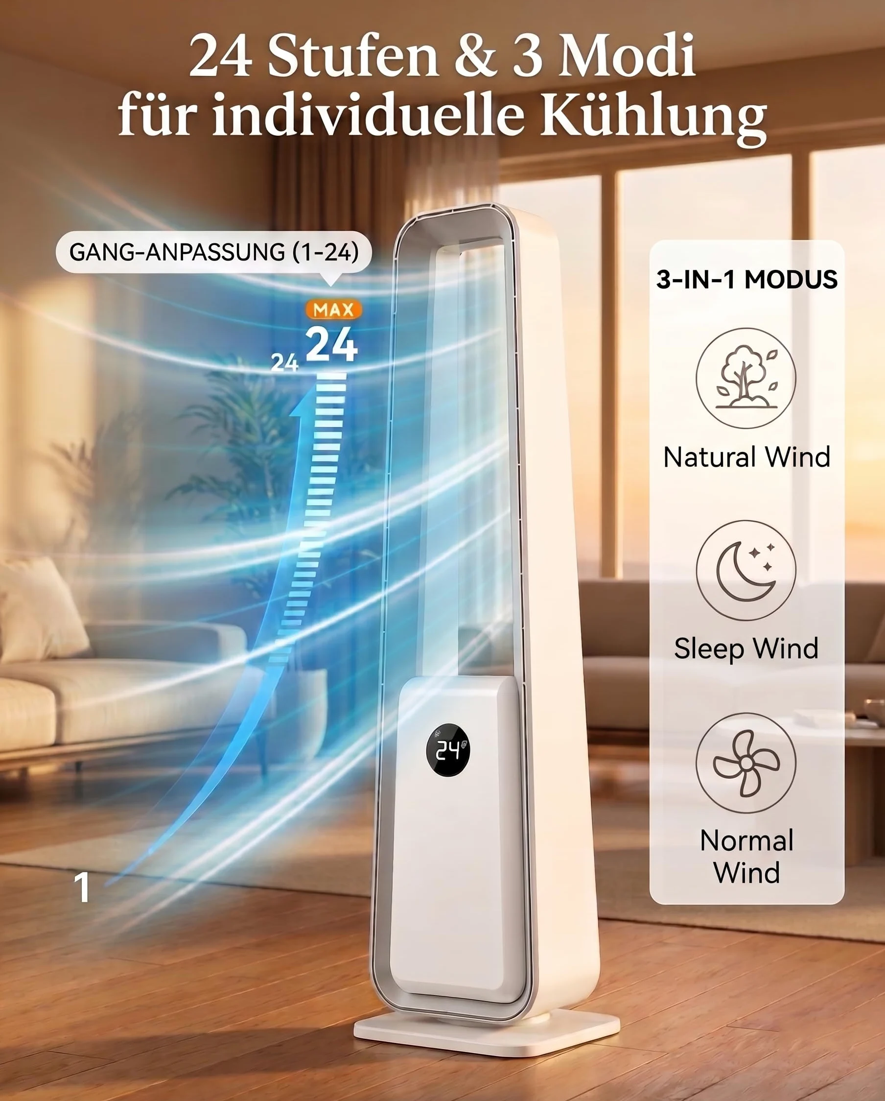 Ventilatore senza pale : ventilatore a torre da pavimento con telecomando, 24 livelli, 3 modalità e timer da 12 ore, ventilatore senza pale silenzioso per camera da letto e soggiorno