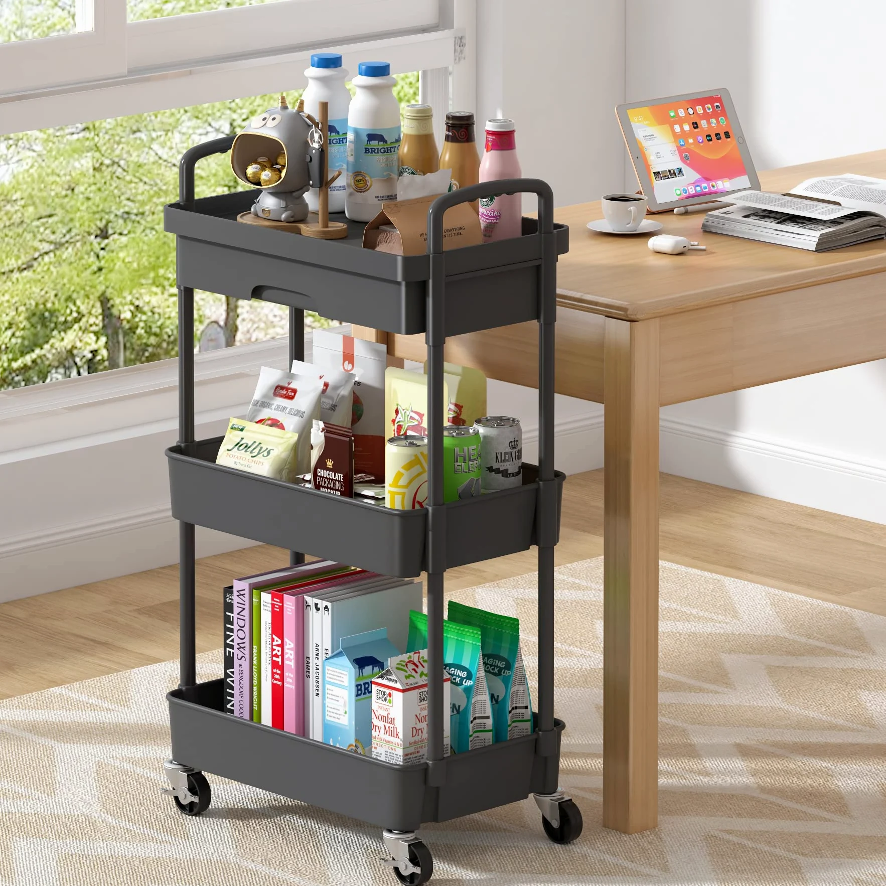 Dttwacoyh, Pratico carrello portatile a 3 livelli con cassetti, carrello portaoggetti con ripiani in plastica, adatto per uffici, cucine, lavanderia, bagno, trucco, nero