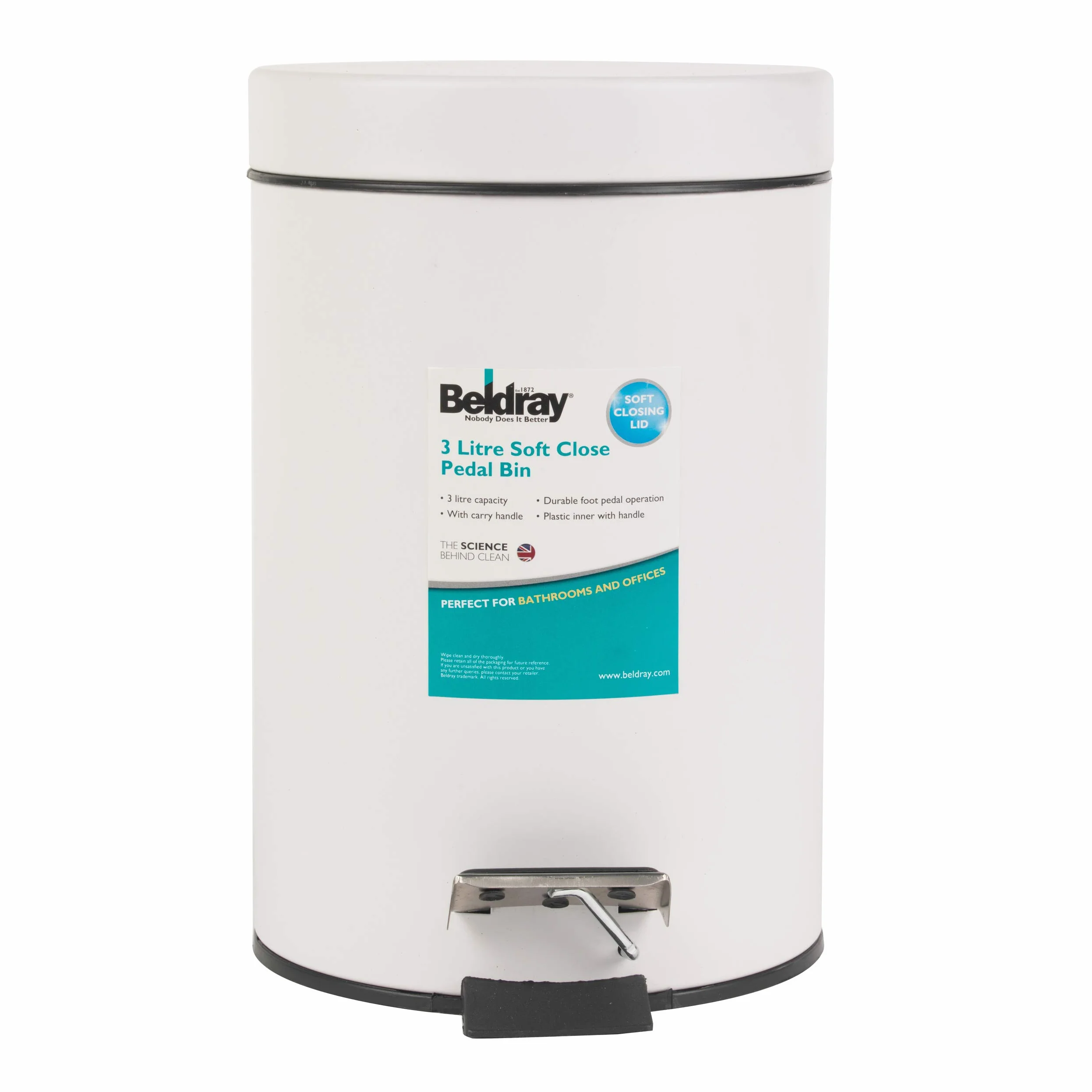 Beldray LA038098WHT Pattumiera rotonda con coperchio a chiusura ammortizzata, capacità 3L, con pedale intelligente, facile da svuotare, smaltimento rifiuti, contenitore rifiuti, bianco