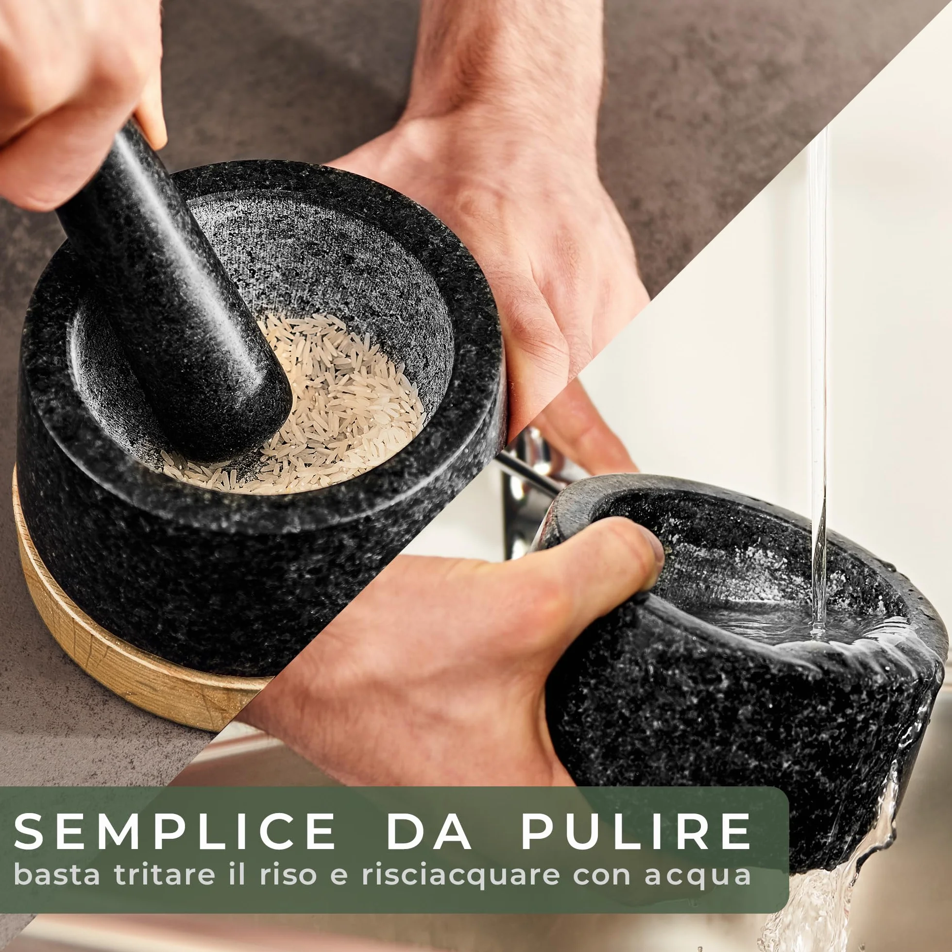 WALDWERK Mortaio con pestello (diametro 12 cm) - Mortaio su una base elegante e stabile in legno di acacia - Mortaio con pestello in granito naturale