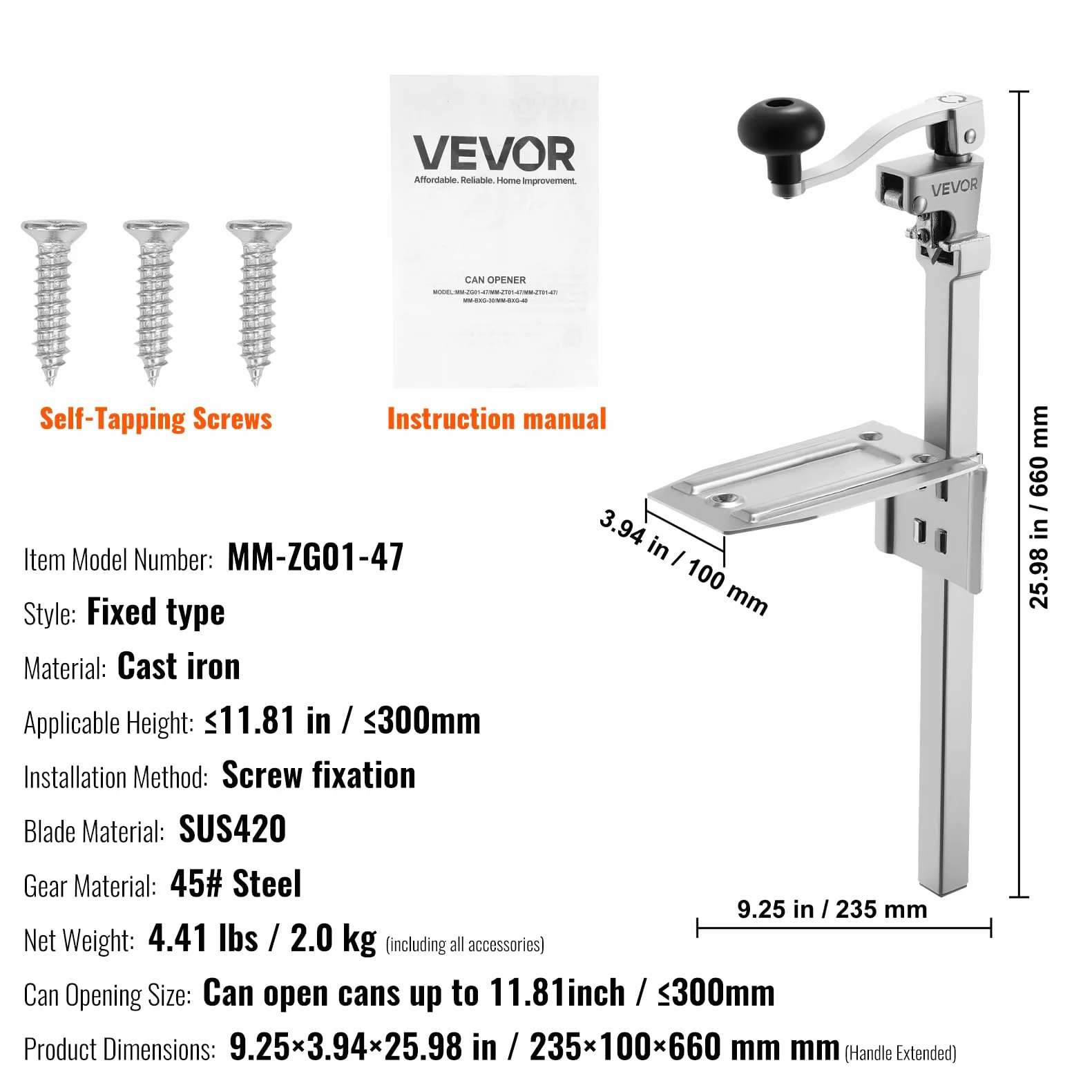 VEVOR Apriscatole Commerciale in Ghisa da Tavolo per Lattine Alte 30 cm, Lama Acciaio Inossidabile, 235 x 100 x 660 mm